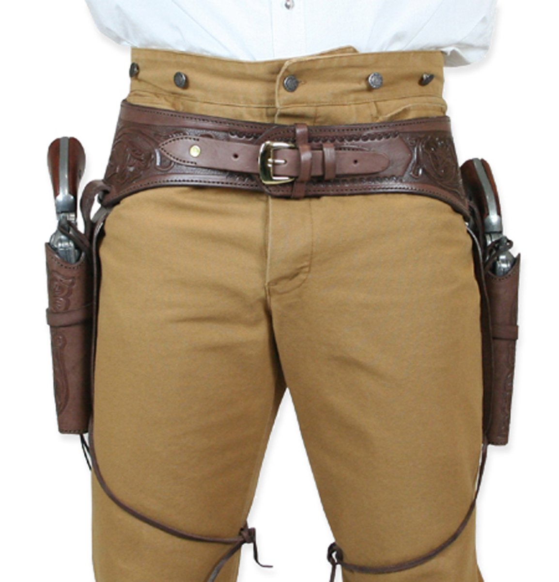 Historical Emporium .38/.357 Cal Standard Double Western Gun Belt & Holster Set - Genuine Tooled Leather for Cowboy Action Shooting & Western Reenactments