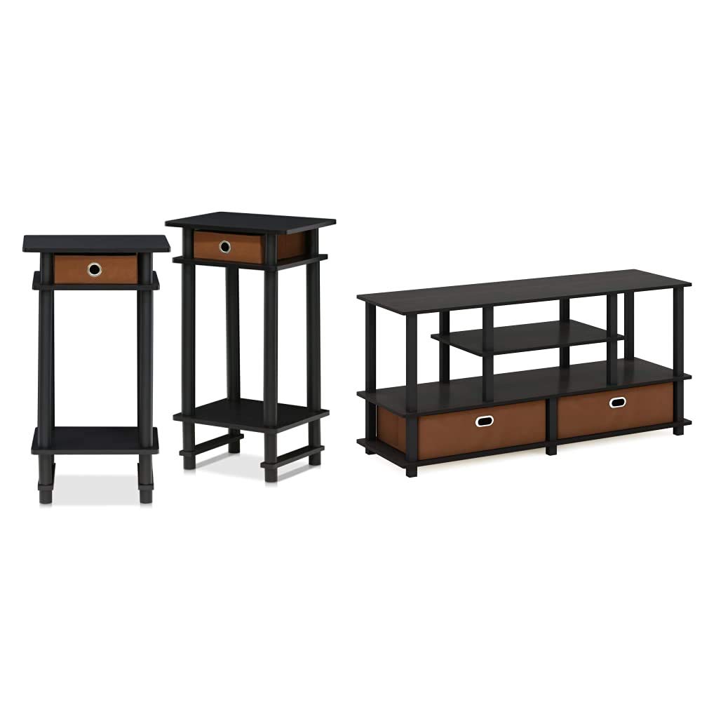 FURINNO Turn-N-Tube End Table and TV Stand Set - 2-Pack in Espresso & Black - Modern Side Table for Living Room, Bedroom, and Office Use