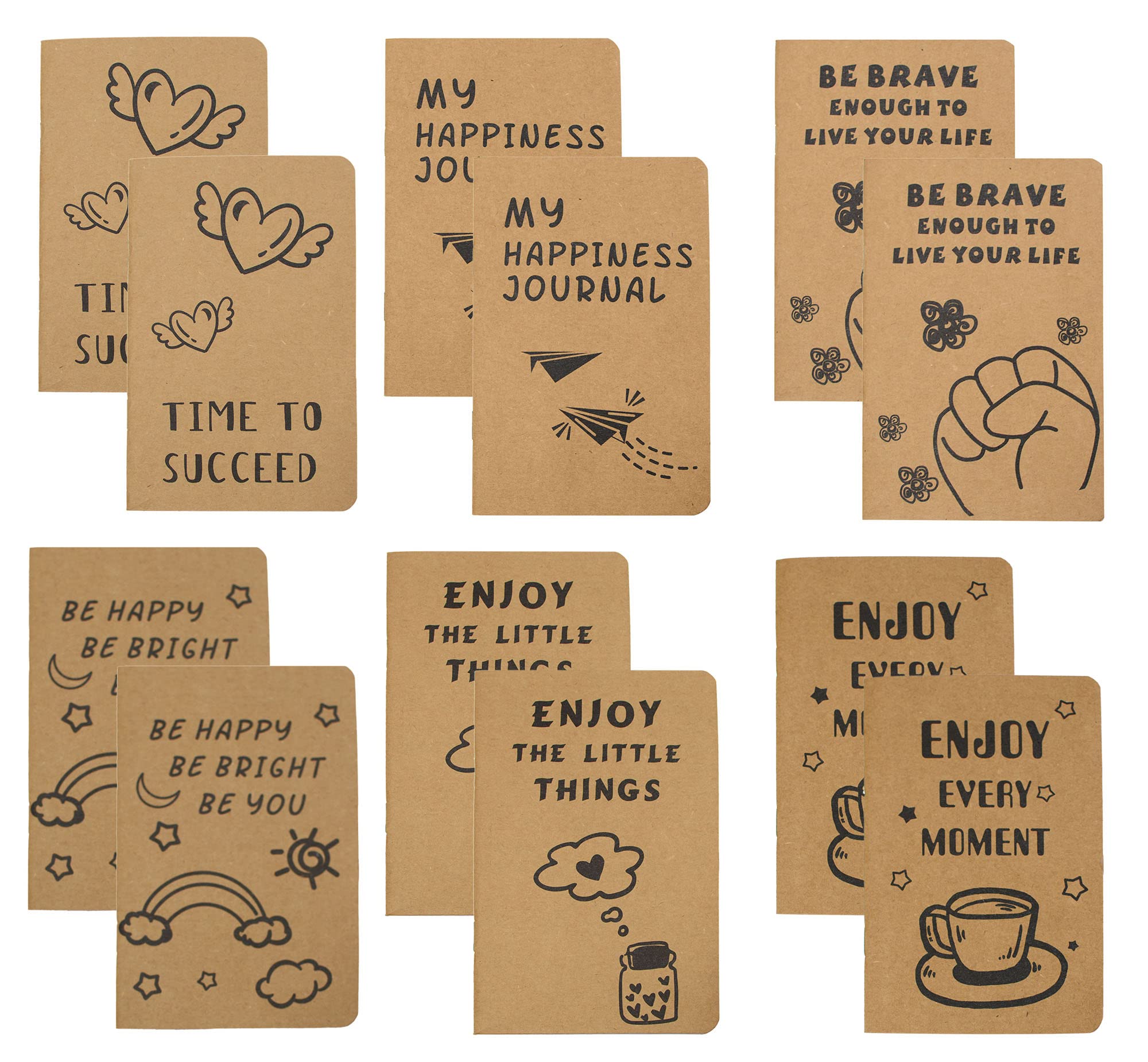 12-Pack Inspirational Kraft Paper Notebooks - 64 Pages Mini Pocket Notepads Bulk for Office, School & Travel | Motivational Gifts for Coworkers, Students & Friends | Perfect for Journaling, Note-Taking & Daily Planning (6 Styles, Brown)