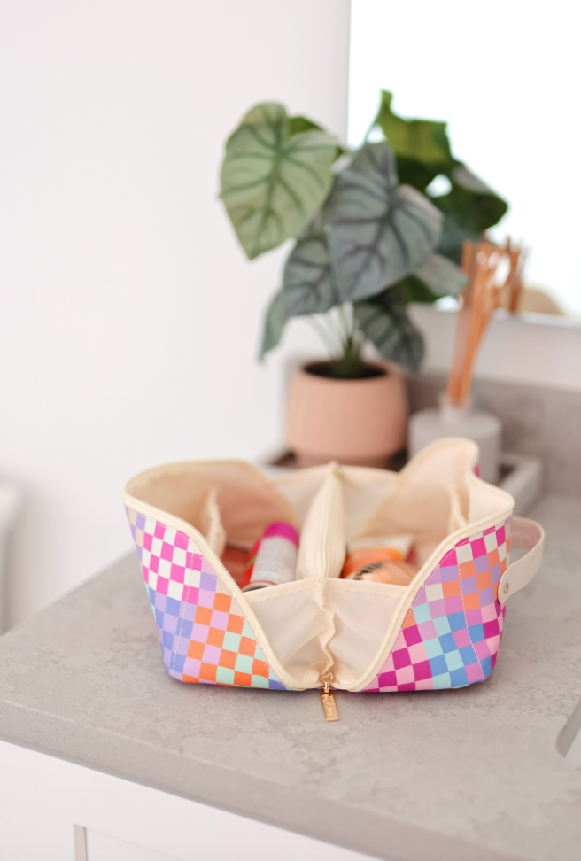 Happy Checkered Makeup Bag - Waterproof Cosmetic Organizer for Travel & Daily Use (Multi Checkered Pattern) - Perfect for Toiletries, Brushes & Beauty Essentials