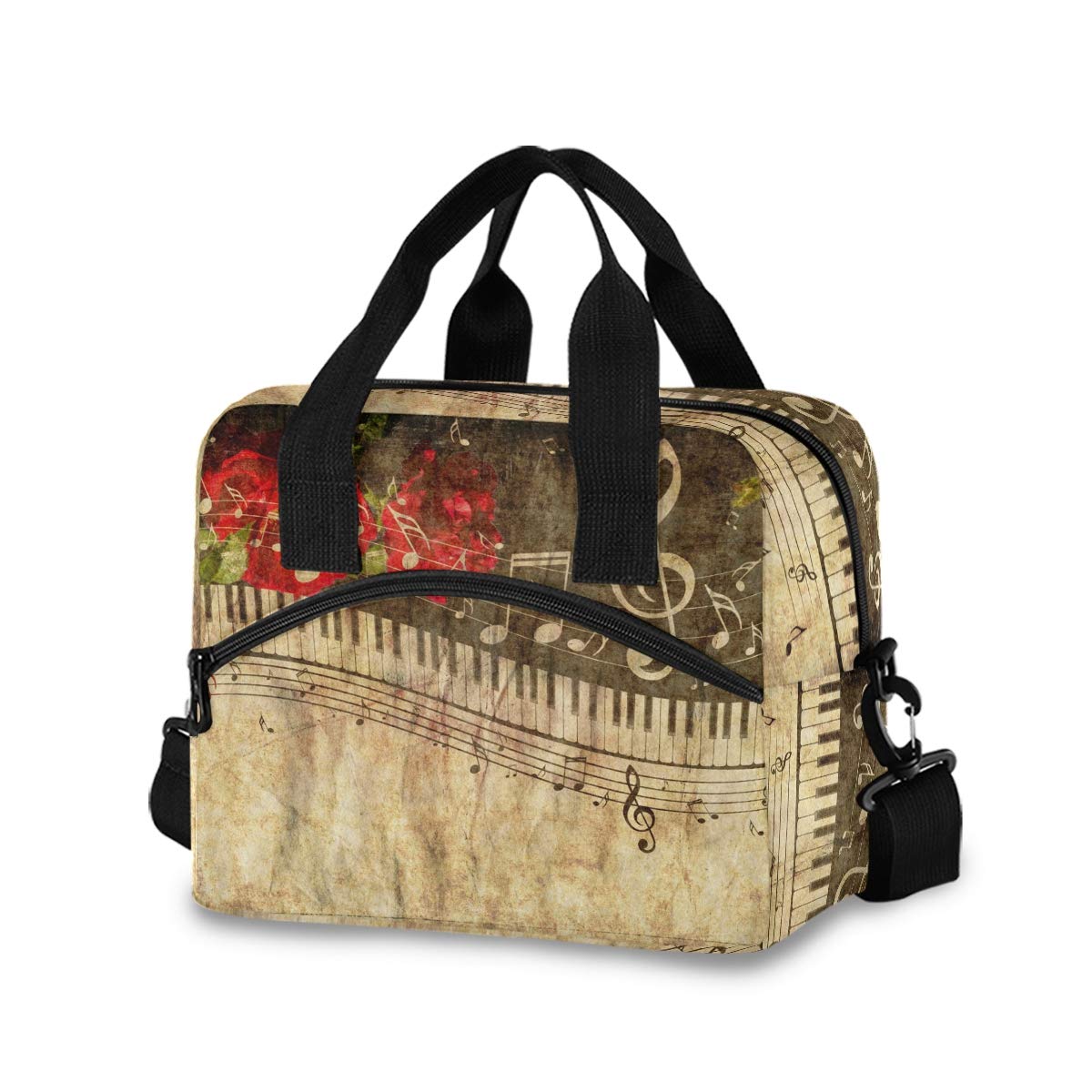 Insulated Musical Notes Piano Keys Lunch Bag for Women & Men - Reusable Cooler Tote with Detachable Shoulder Strap & Carry Handle - Perfect for Work, School, Picnic & Outdoor Activities