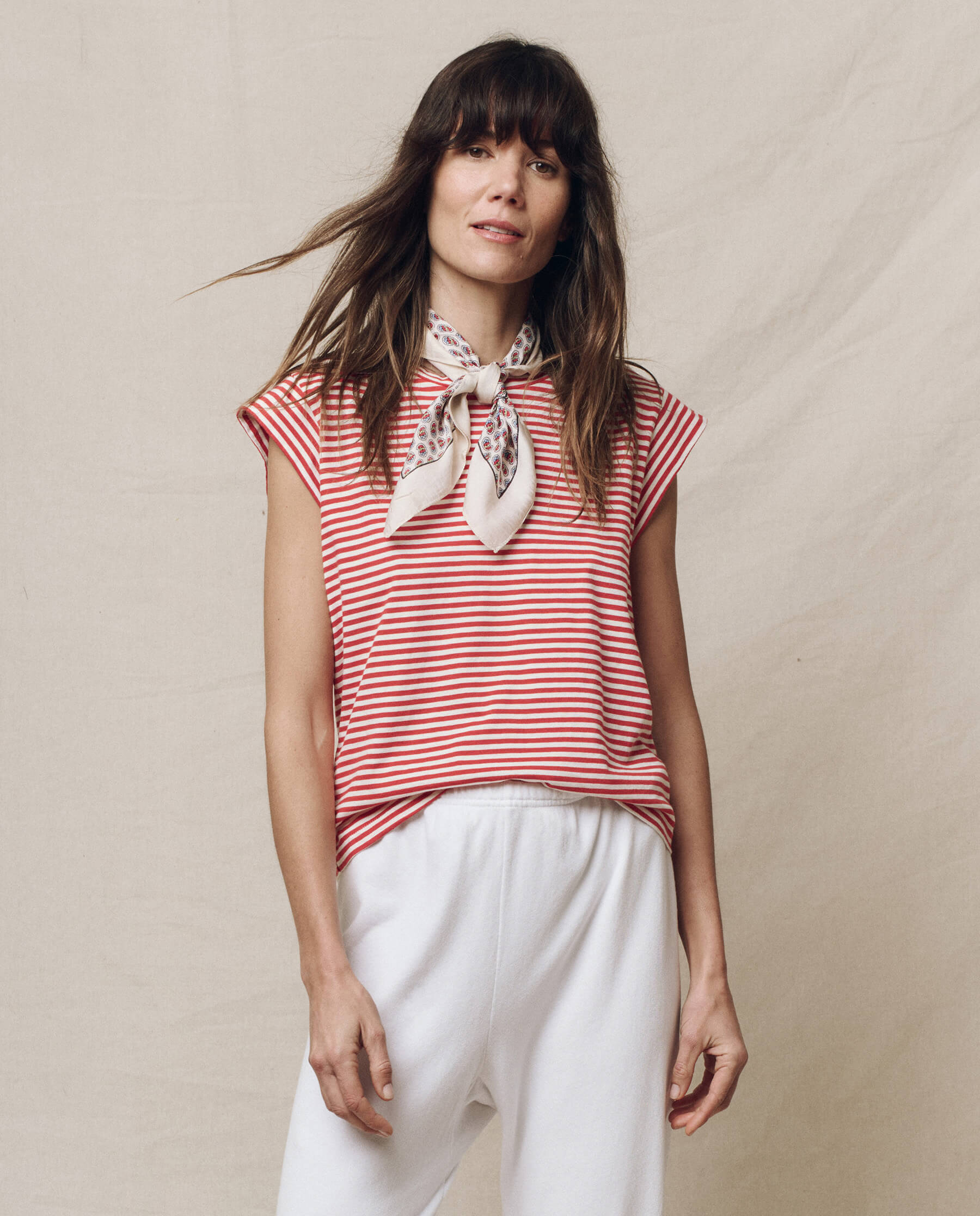 Peak Shoulder Tee - Sun Cherry Stripe Women's Casual T-Shirt | Soft Cotton Blend | Perfect for Summer Outings, Beach Vacations & Everyday Wear