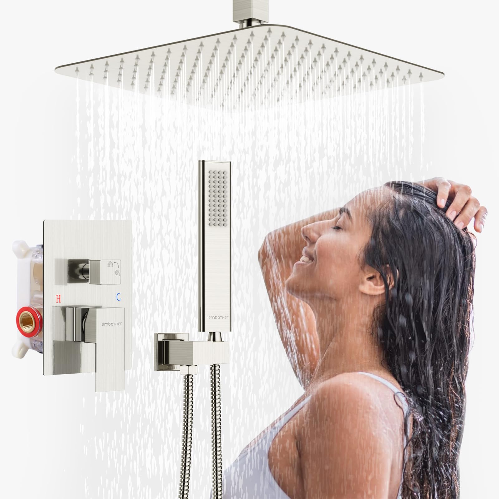 EMBATHER Brushed Nickel Rain Shower System Faucet Set - 12 Inch Rainfall Shower Head with Handheld Sprayer & Valve | Bathroom Upgrade for Luxurious Spa Experience