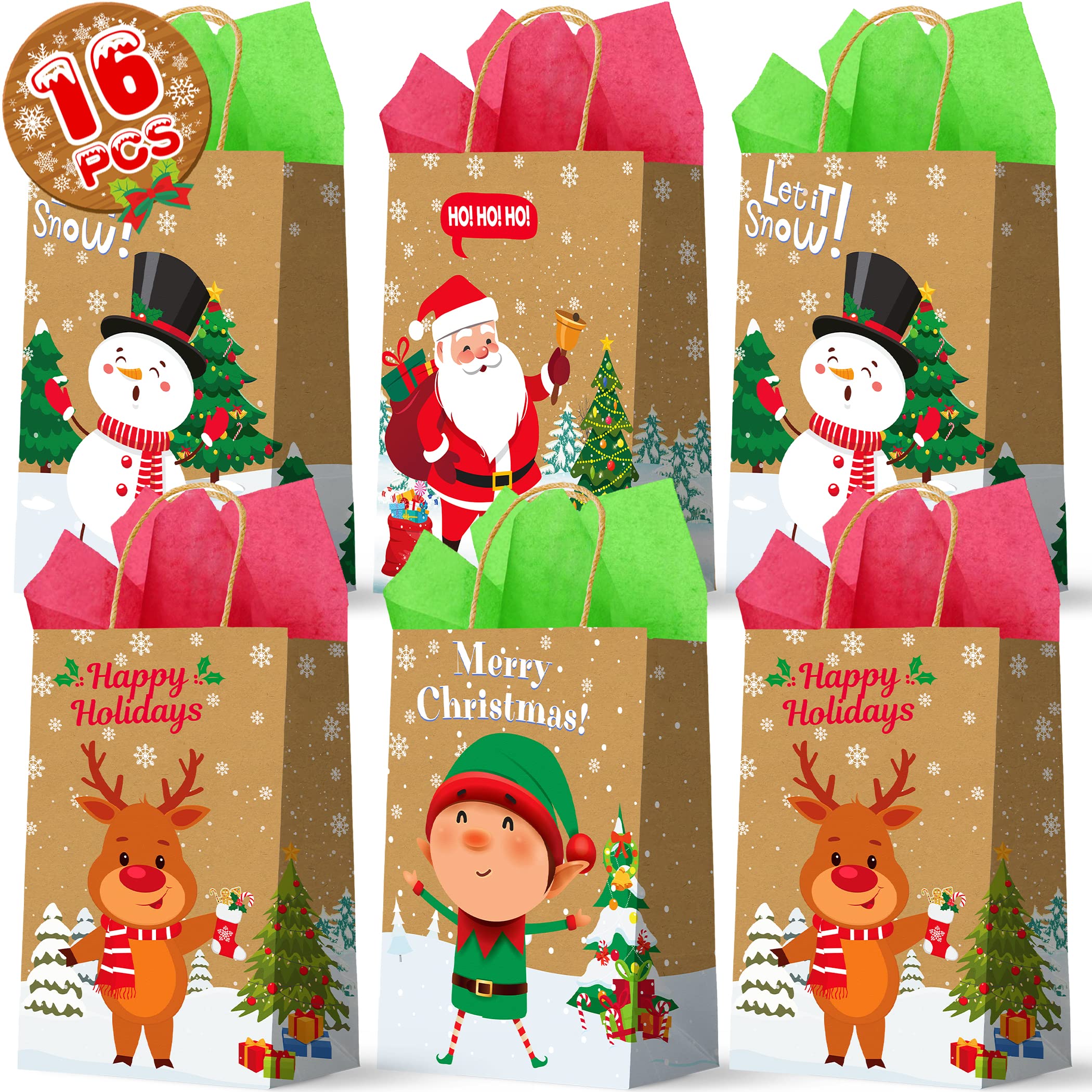 Funnlot 16PCS Medium Christmas Gift Bags - Eco-Friendly Kraft Holiday Wrapping Bags Bulk with Tissue Paper for Xmas Presents | Perfect for Office Party Gifts, Secret Santa Exchanges & Festive Home Decor