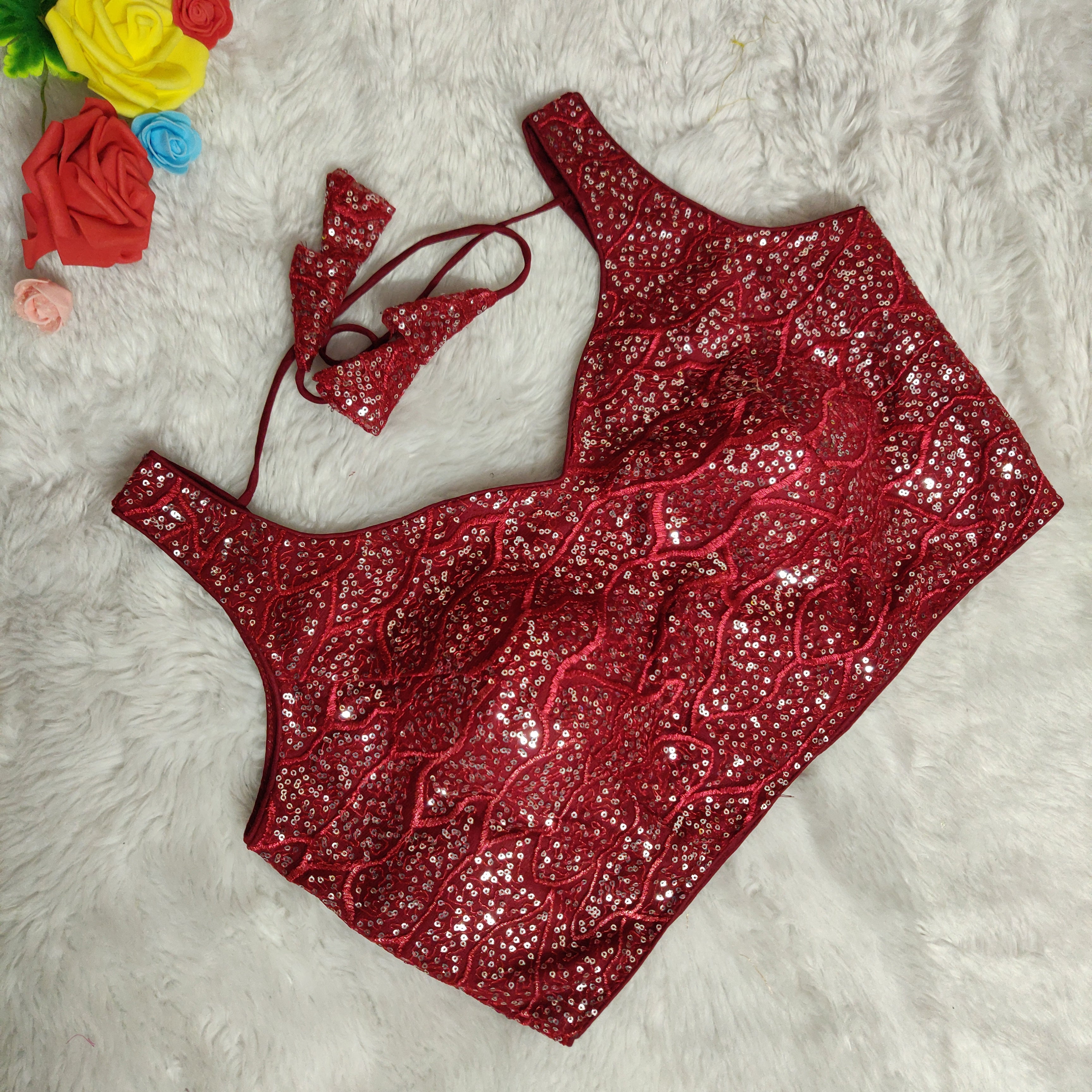 Dark Maroon Net Sequin & Embroidery Sleeveless Saree Blouse for Wedding & Party Wear (D1350) | Elegant Indian Ethnic Apparel for Festive Occasions, Bridal Shower & Special Events
