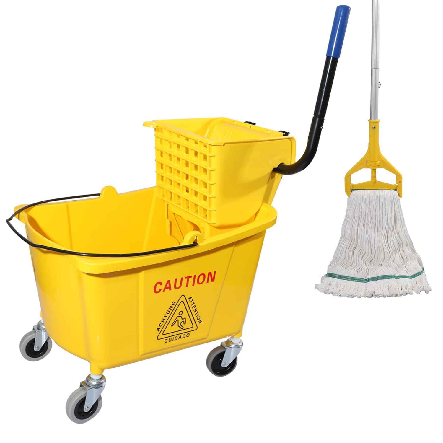 Commercial Mop Bucket with Side Press Wringer on Wheels, 35Qt Heavy-Duty Yellow Cleaning Bucket with Wringer - Includes 1 Professional Mop for Floor Cleaning - Ideal for Janitorial, Hospital, and Restaurant Use