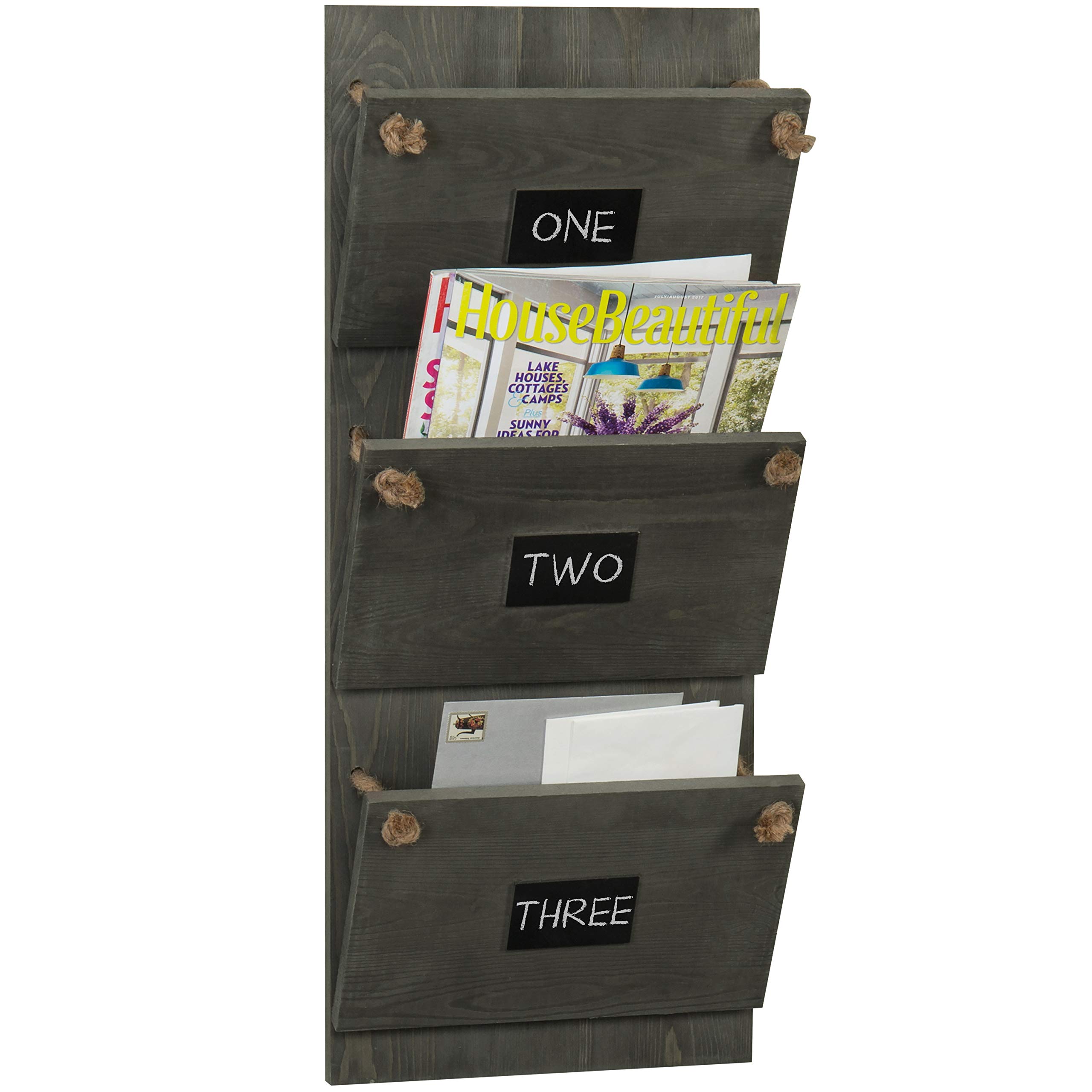 Vintage Gray Wood Wall Mounted Mail Holder Organizer with 3 Compartments - Hanging Document & File Folder Magazine Rack with Chalkboard Label - Perfect for Home Office, Entryway, and Kitchen Organization