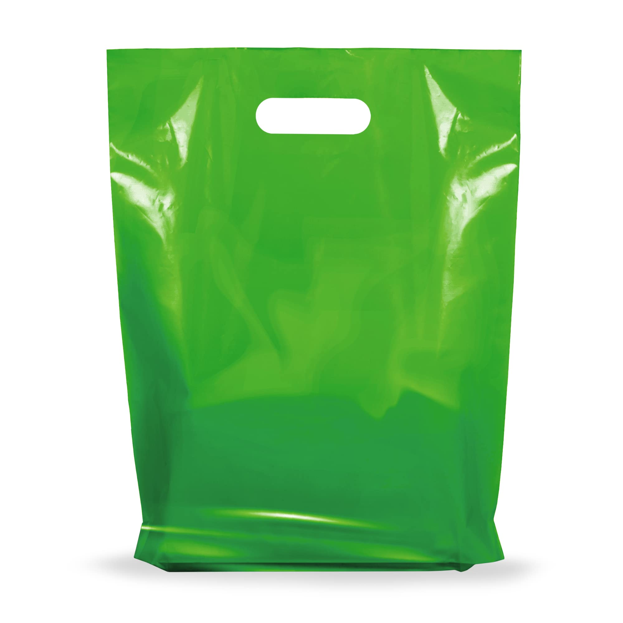 Premium 12x15x1.25 Inch Glossy Plastic Shopping Bags with Handles - 100 Pack Bulk Green Merchandise Bags for Retail Stores & Small Businesses - Perfect for Grocery Shopping, Boutique Packaging & Event Giveaways