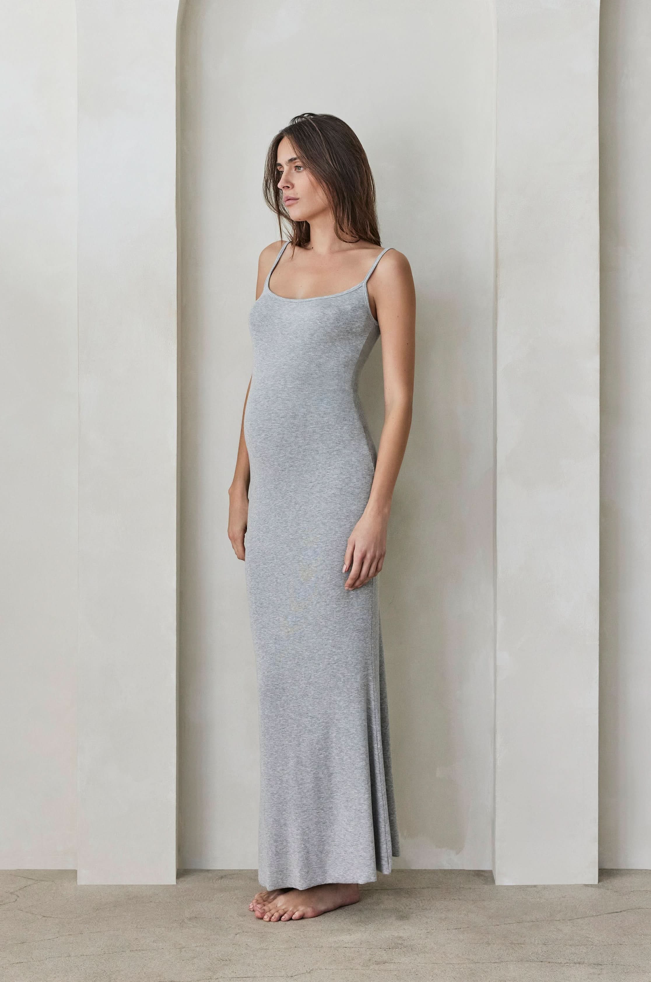 Soft Rib Straight Neck Maxi Dress for Women - Comfortable Stretchy Long Dress for Summer, Beach, and Casual Wear