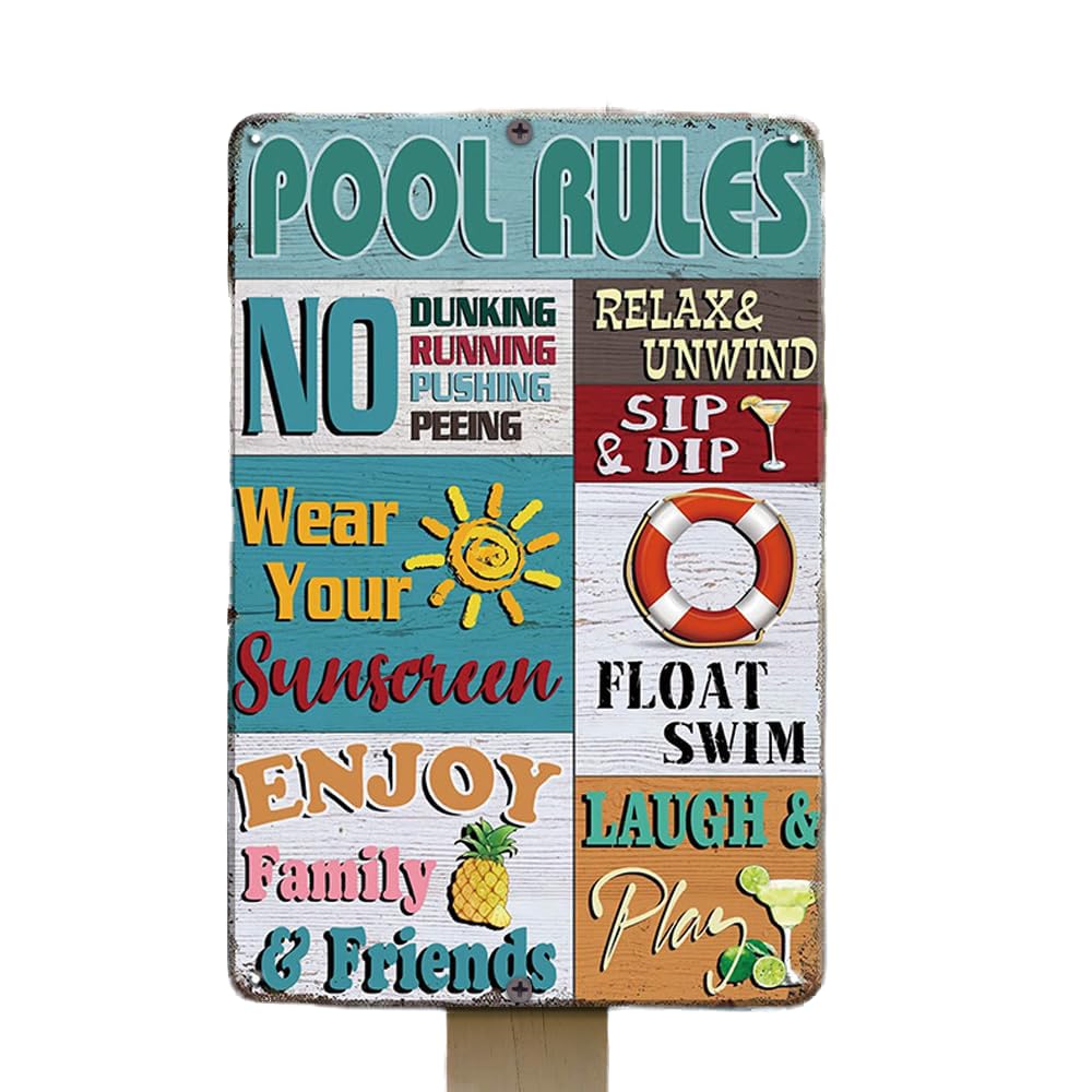 Funny Swimming Pool Signs - 12x8 Inches Outdoor Pool Decorations, Pool Rules Signs for Backyard Walls - Perfect for Summer Parties, Family Gatherings & Pool Safety Awareness
