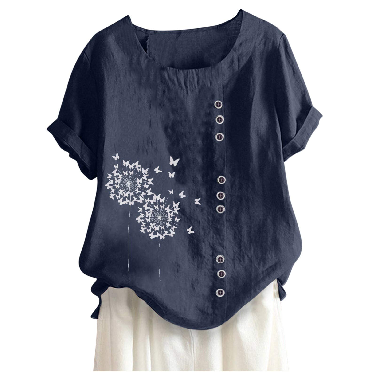 Women's Linen Floral Print T-Shirt - Round Neck Short Sleeve Summer Top | Lightweight Casual Blouse for Beach, Vacation & Everyday Wear