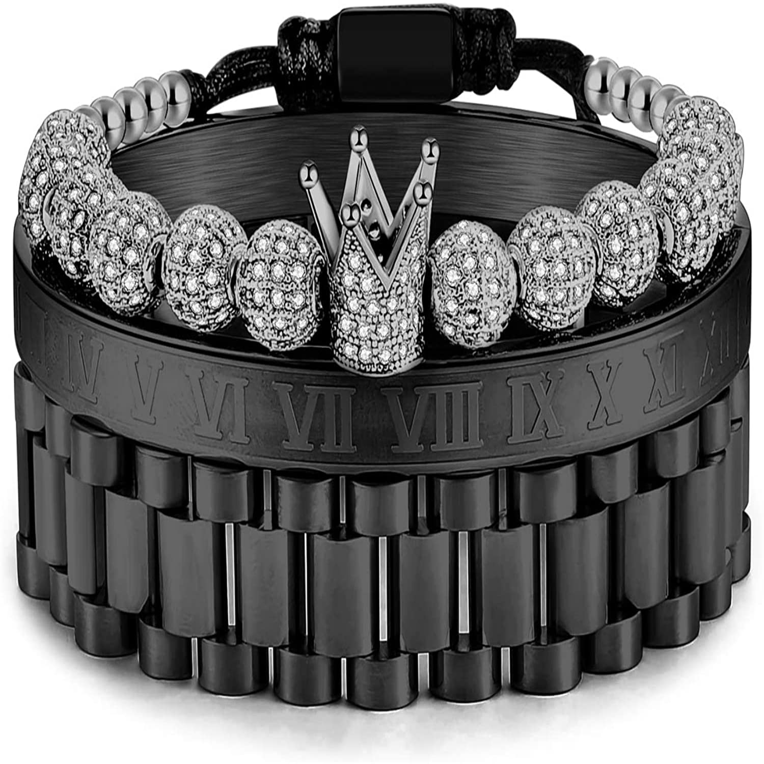 Imperial Crown King Men's Bracelet - Luxury Gold Pave CZ Cuff Bangle for Men | Fashion Jewelry Gift for Birthday, Anniversary & Special Occasions | Perfect for Formal Events, Date Nights & Royal Style Outfits (Black)