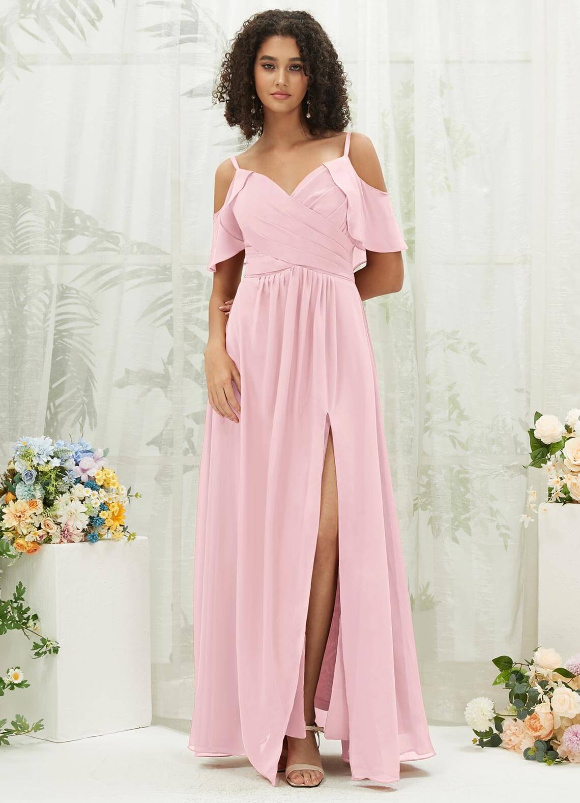 Elegant Blush Chiffon Ruffle Cold Shoulder Sweetheart Bridesmaid Dress - Perfect for Weddings, Prom, and Formal Events