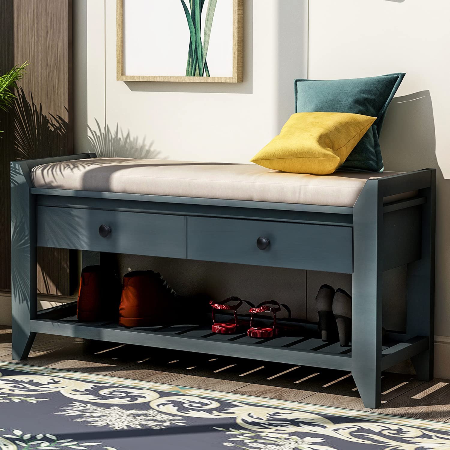 P PURLOVE Entryway Storage Bench with Cushioned Seat - Shoe Rack with 2 Drawers & Storage Shelf, Antique Navy - Perfect for Hallway, Mudroom & Small Space Organization