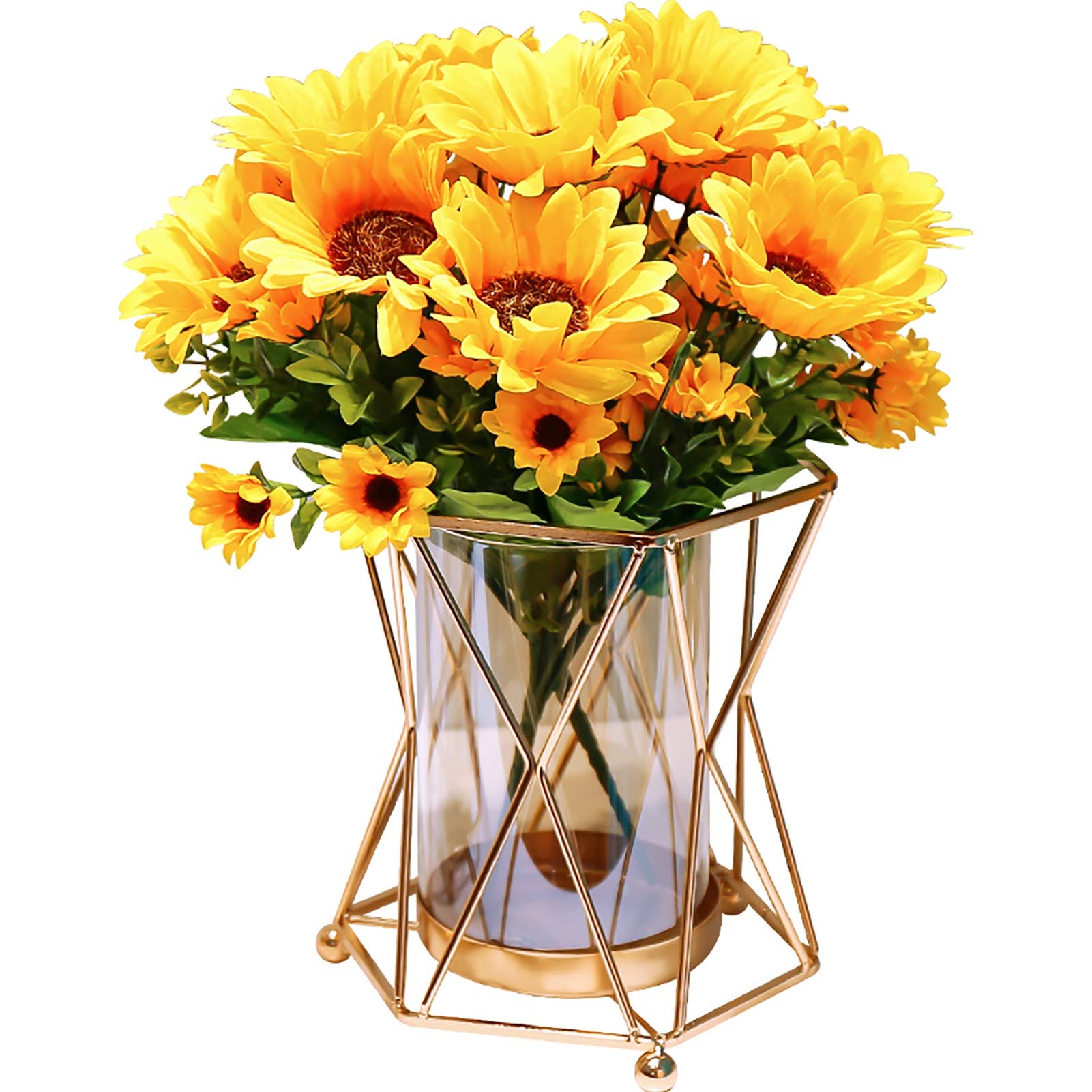 BCGT Geometric Glass Flower Vase with Gold Metal Stand - Crystal Clear Terrarium Planter for Hydroponics, Home Decor, Wedding Centerpiece & Office Desk Decorations