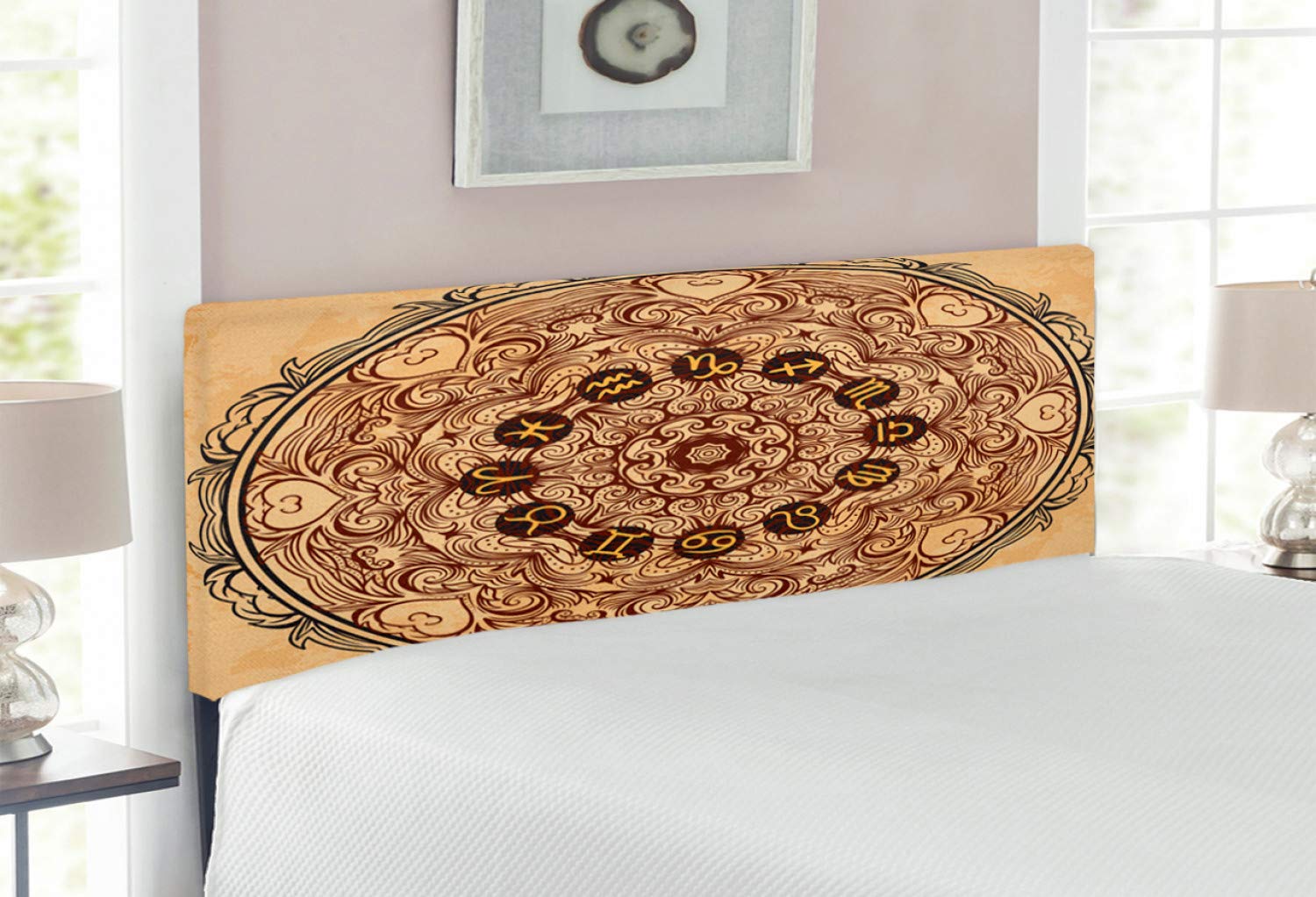 Ambesonne Zodiac Upholstered Headboard - Full Size Brown Tan Memory Foam Bed Headboard with Eastern Mandala Design | Perfect for Bedroom Decor, Feng Shui Harmony & Celestial Theme Bedrooms