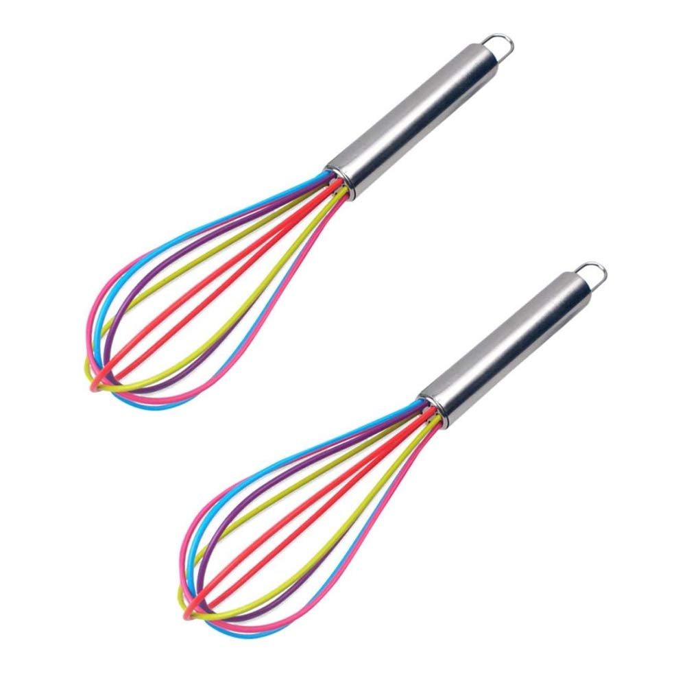 DOITOOL 10-Inch Stainless Steel Egg Whisk with Colorful Silicone Tips - 2 Pack Kitchen Whisk for Beating Eggs, Mixing Batter & Frothing Milk - Perfect for Baking, Cooking & Coffee Making