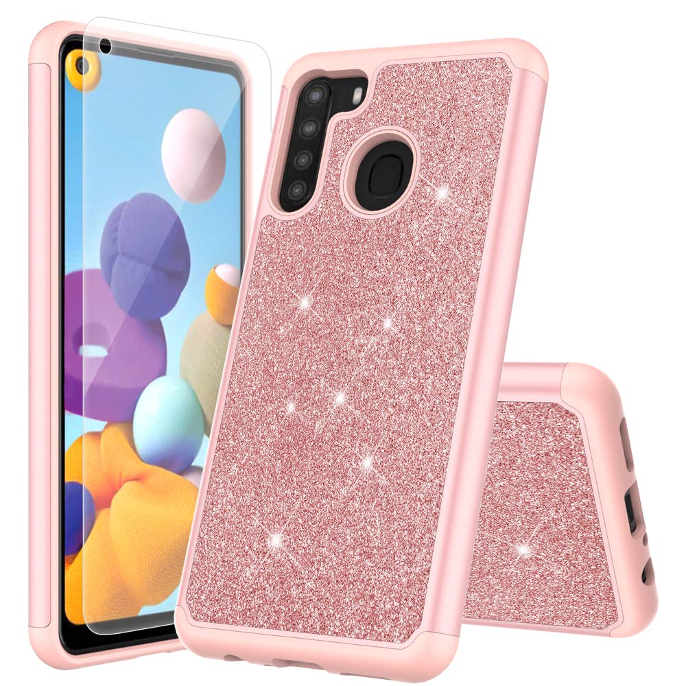 Slim Shockproof Samsung Galaxy A21 Case with Tempered Glass - 2 in 1 Hybrid Hard PC & Soft TPU Full Body Protective Cover for Women (Rose Gold Glitter Bling) | Perfect for Everyday Use, Work & Travel