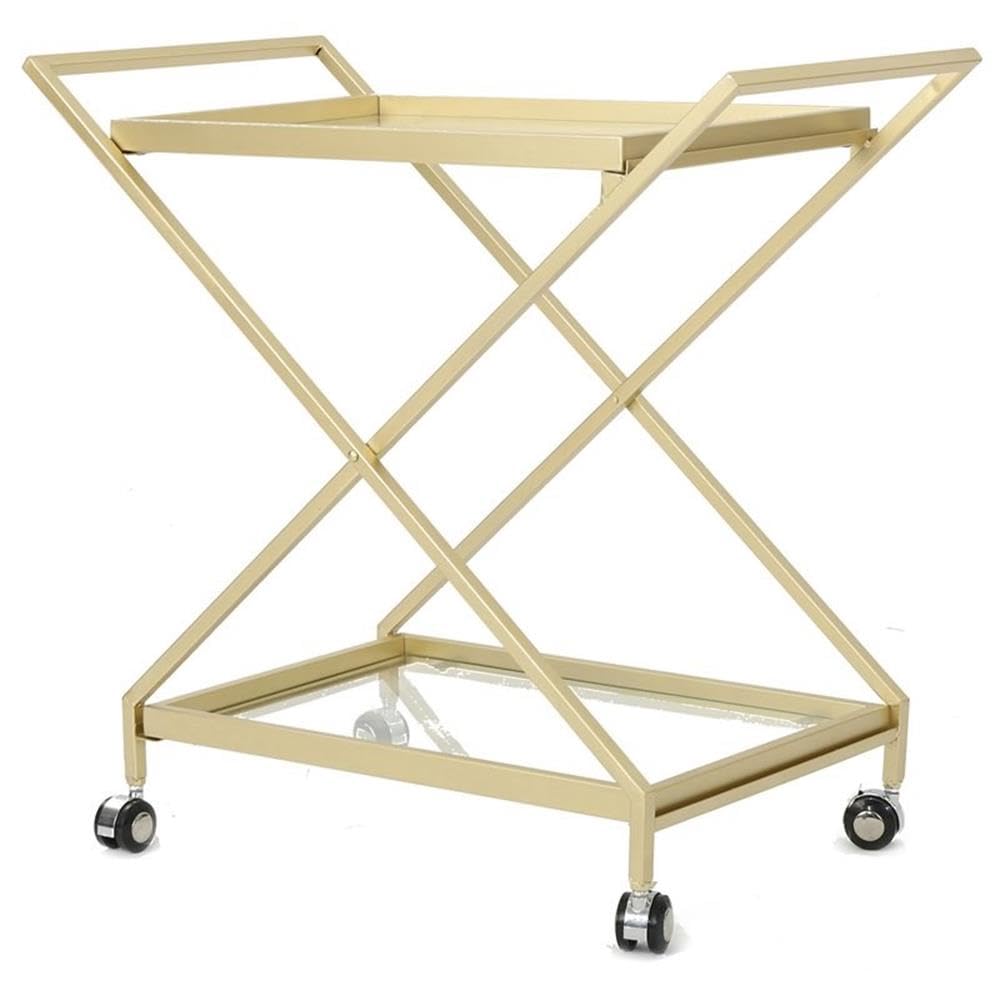 Noble House Sherianne Gold Iron Bar Cart with Tempered Glass Shelves - Stylish Mobile Serving Cart for Home Bar, Kitchen, or Outdoor Entertaining