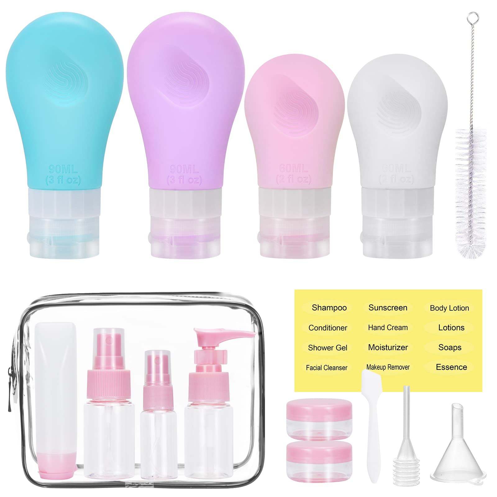 SelfTek 15-Piece TSA Approved Travel Bottles Set - Leak Proof Silicone Toiletry Containers for Shampoo, Conditioner, Lotion & Body Wash | Perfect for Air Travel, Gym, Camping & Vacation Essentials