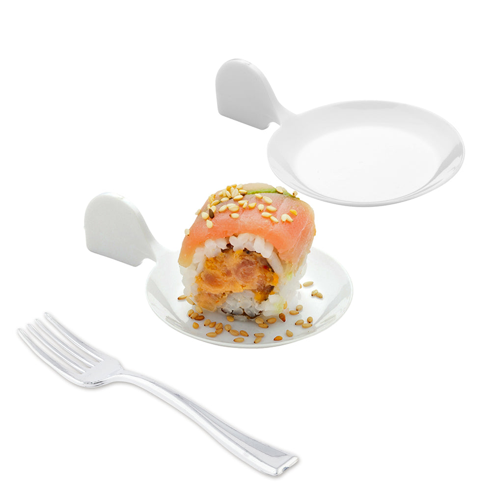 100-Pack White Plastic Tasting Plates & 100-Pack Silver Mini Forks - 3.7 Inch Appetizer Plates with 4 Inch Dessert Forks for Parties, Catering, and Events