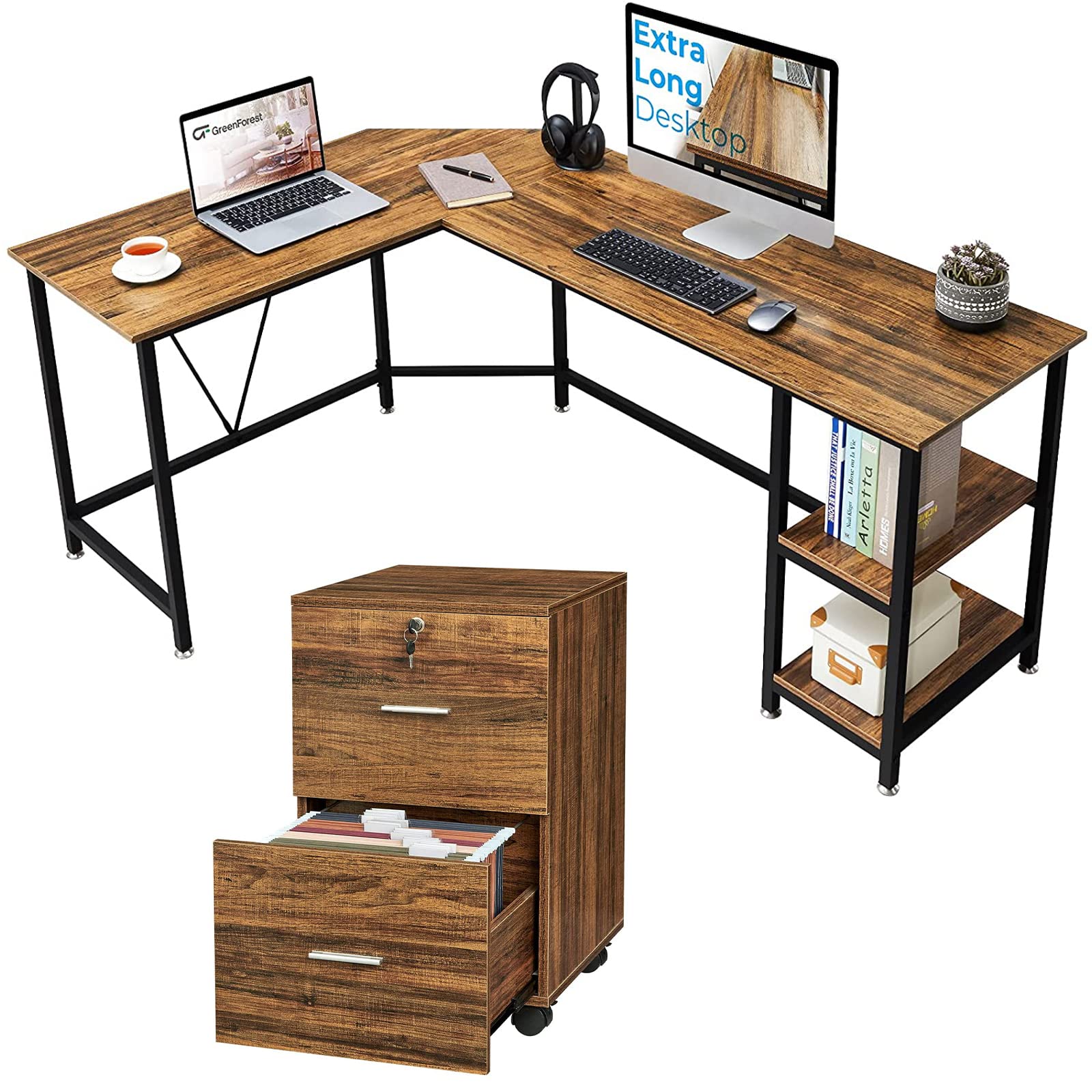 GreenForest L-Shaped Corner Computer Desk with 2-Drawer Wooden File Cabinet & Lock - Perfect for Home Office, Study, and Small Workspace Organization