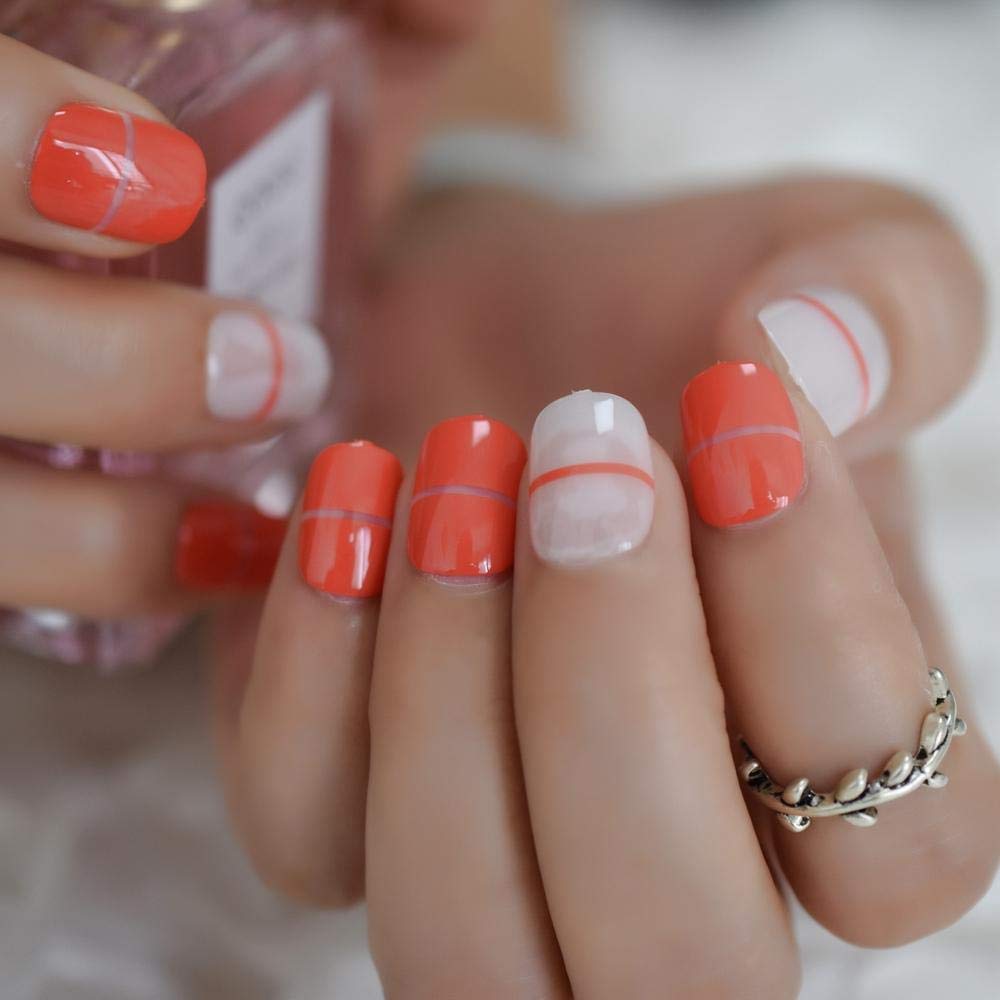 Short Fake Nails with Red Fade & Shiny French Tip - 24pcs Pre-Designed Acrylic Nail Art Kit for Women | Perfect for Parties, Weddings & Everyday Wear