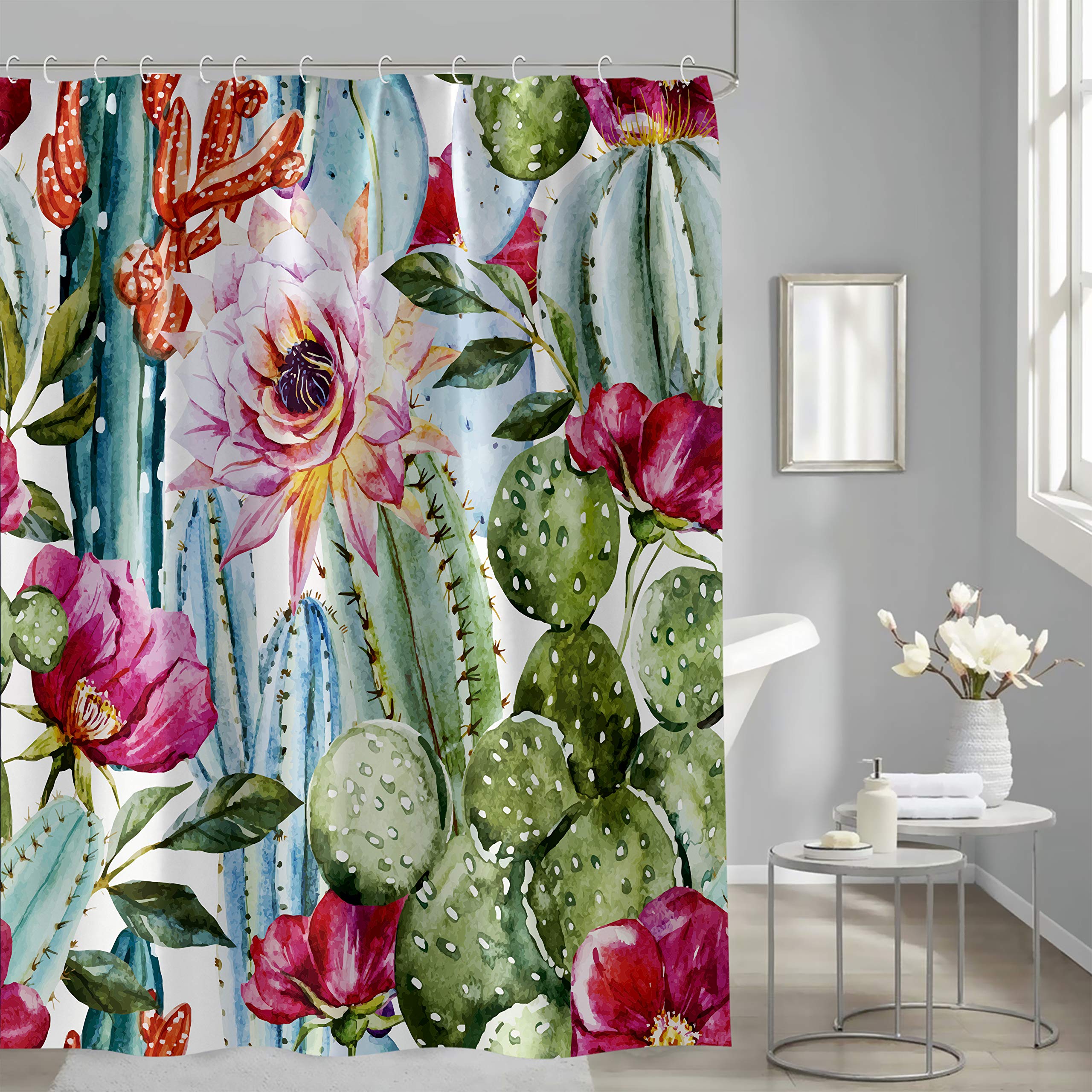 Cactus Shower Curtain - Waterproof Bathroom Curtain with Tropical Floral Design, 72x72 Inches Boho Style Shower Liner with 12 Hooks for Bath & Shower - Perfect for Beach House, Boho Bathroom or Spa Retreat Decor