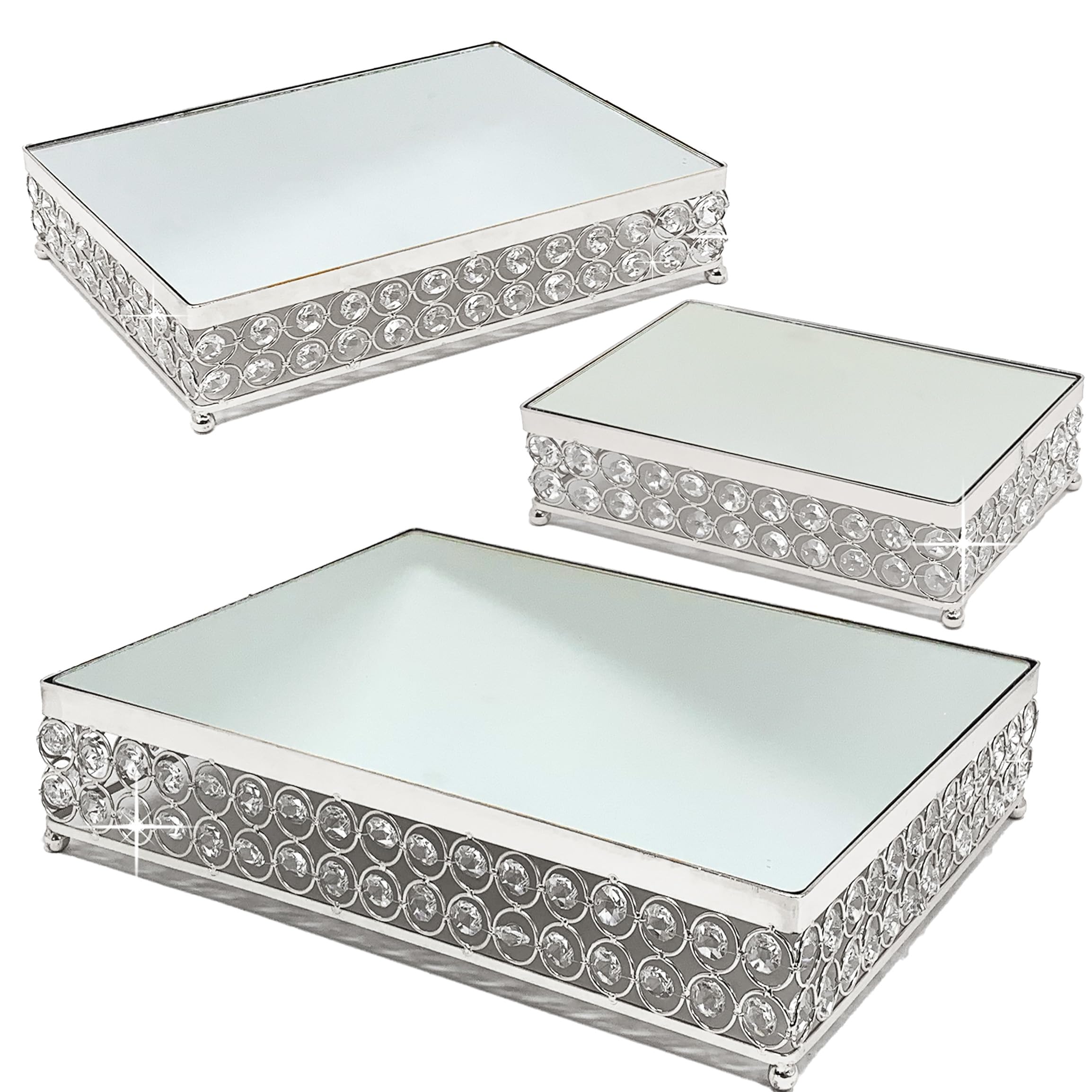 Allgala 3-Piece Crystal Silver Wedding Cake Stand Set with Mirror Plate - Elegant Dessert Display for Cupcakes, Cheese & Pastries - Perfect for Weddings, Birthday Parties & Tea Time (Silver Rectangle-HD89205)