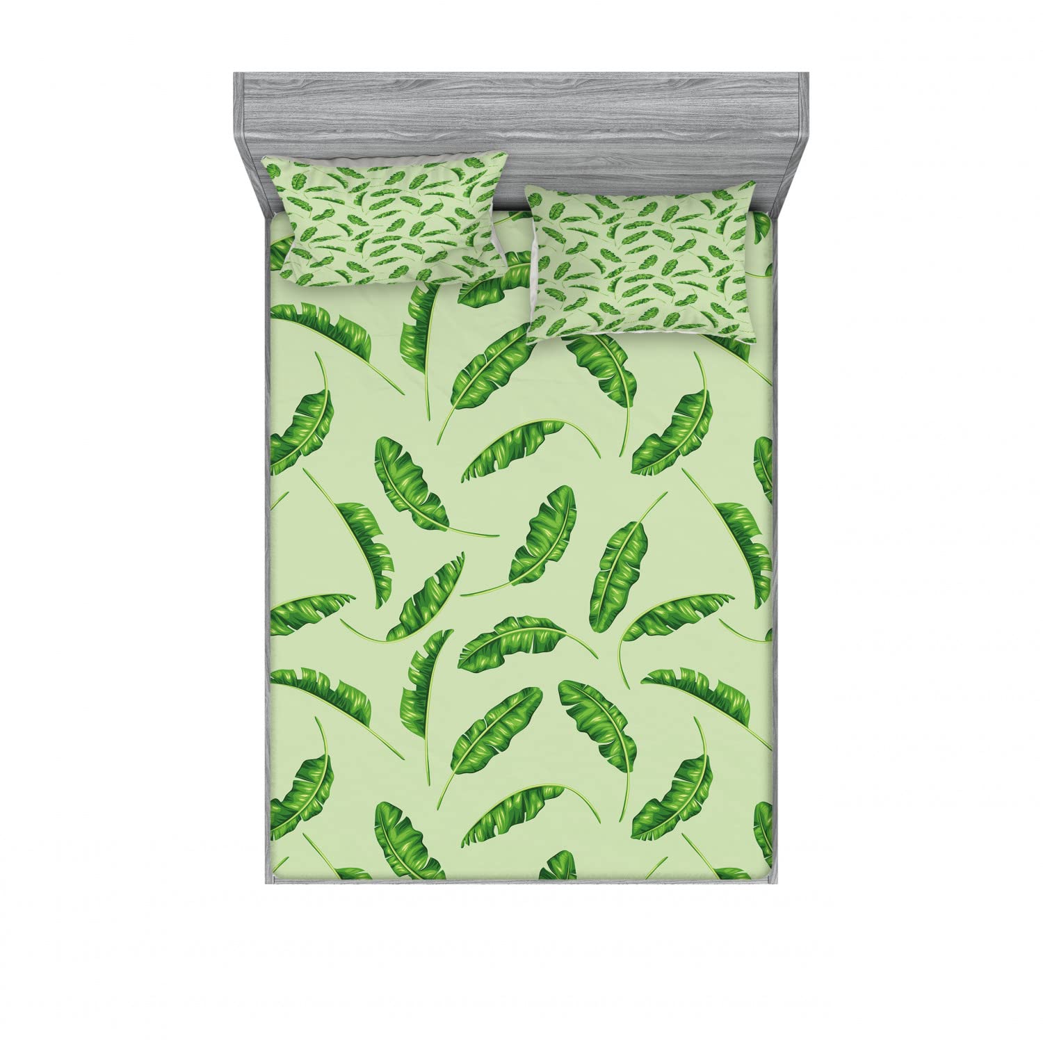 Ambesonne 2-Pack Queen Size Fitted Sheet & Pillow Sham Set - Tropical Jungle Palm Leaf Design in Fern Green & Ocean Blue - 4 Piece Bedding Set Includes 2 Fitted Sheets & 4 Pillowcases - Perfect for Beach House, Boho Bedroom or Tropical Vacation Theme Decor