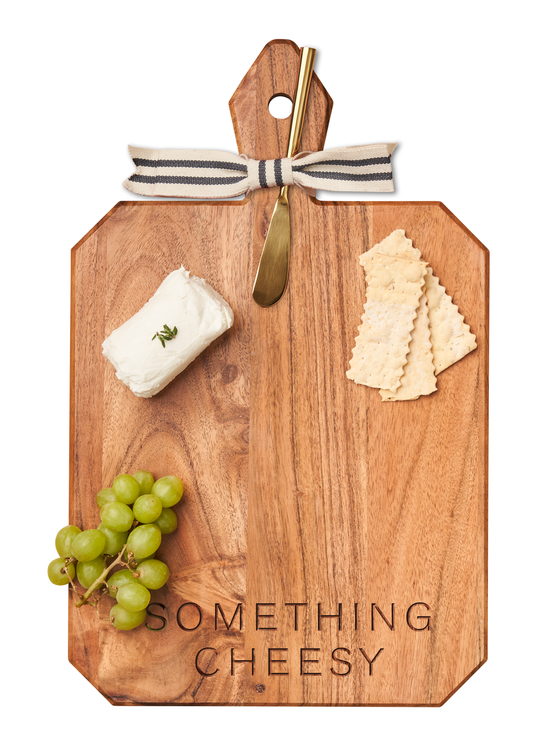 Acacia Wood Heirloom Cheese Board with Handle - 16 x 10 x 0.6 Inch Rectangle Charcuterie Tray with Gold Spreader & Gray White Ribbon | Perfect for Wine Parties, Wedding Gifts & Holiday Entertaining