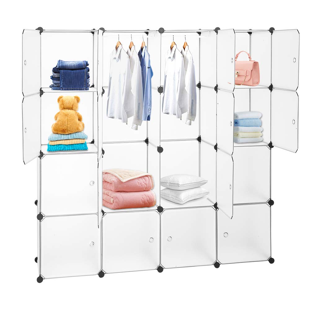 Portable Modular Wardrobe Closet with Hanging Section - 16-Cube Plastic Storage Cabinet with Doors, DIY Clothes Organizer & Bookshelf Combination - White Armoire for Bedroom, Living Room & Dorm Organization