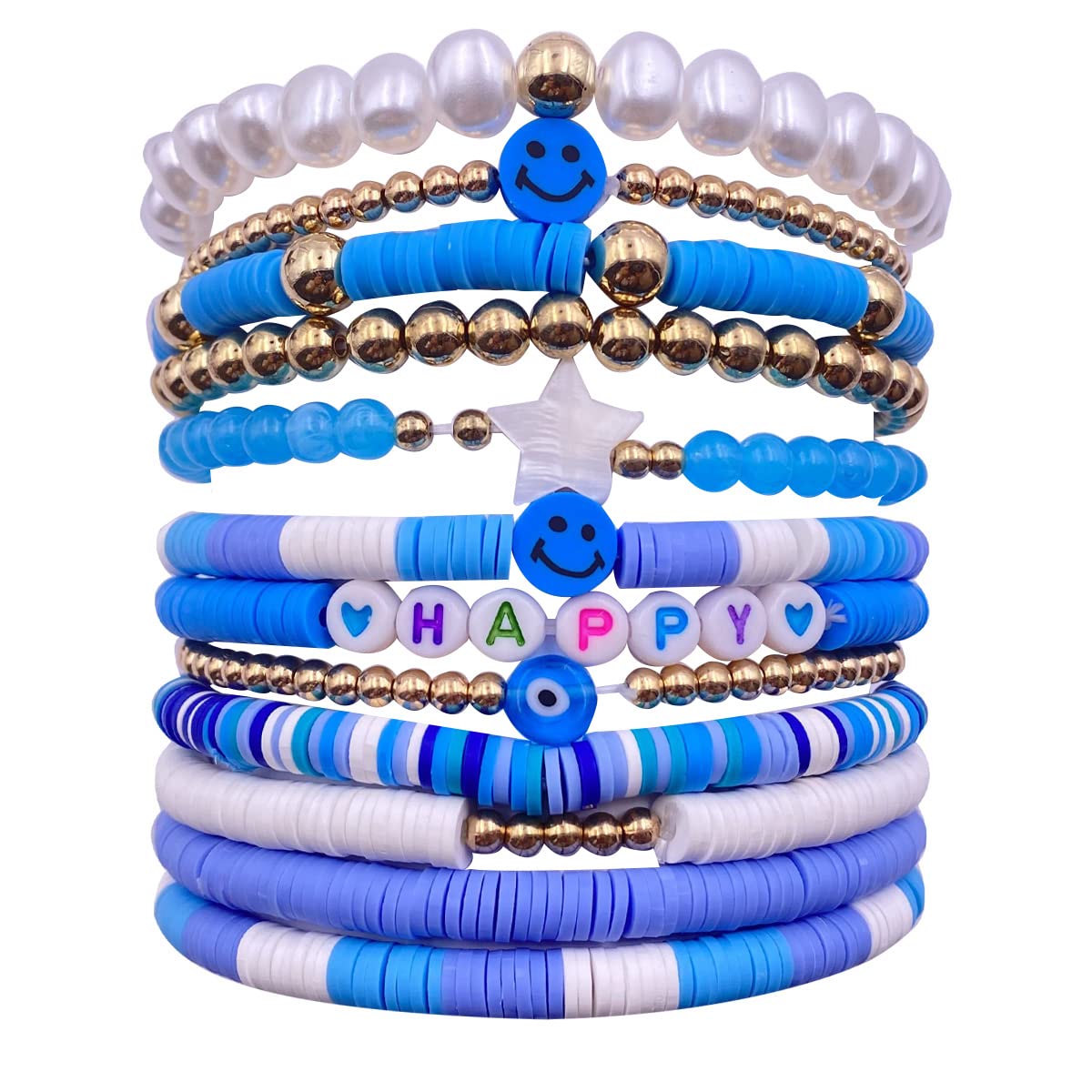 Y2K Beaded Bracelet Set for Women & Girls - Colorful Smiley Face Clay, Boho Disc, Heishi Surfer Stackable Bracelets | Trendy Preppy Jewelry for Casual Wear, Beach Outfits & Festival Fashion