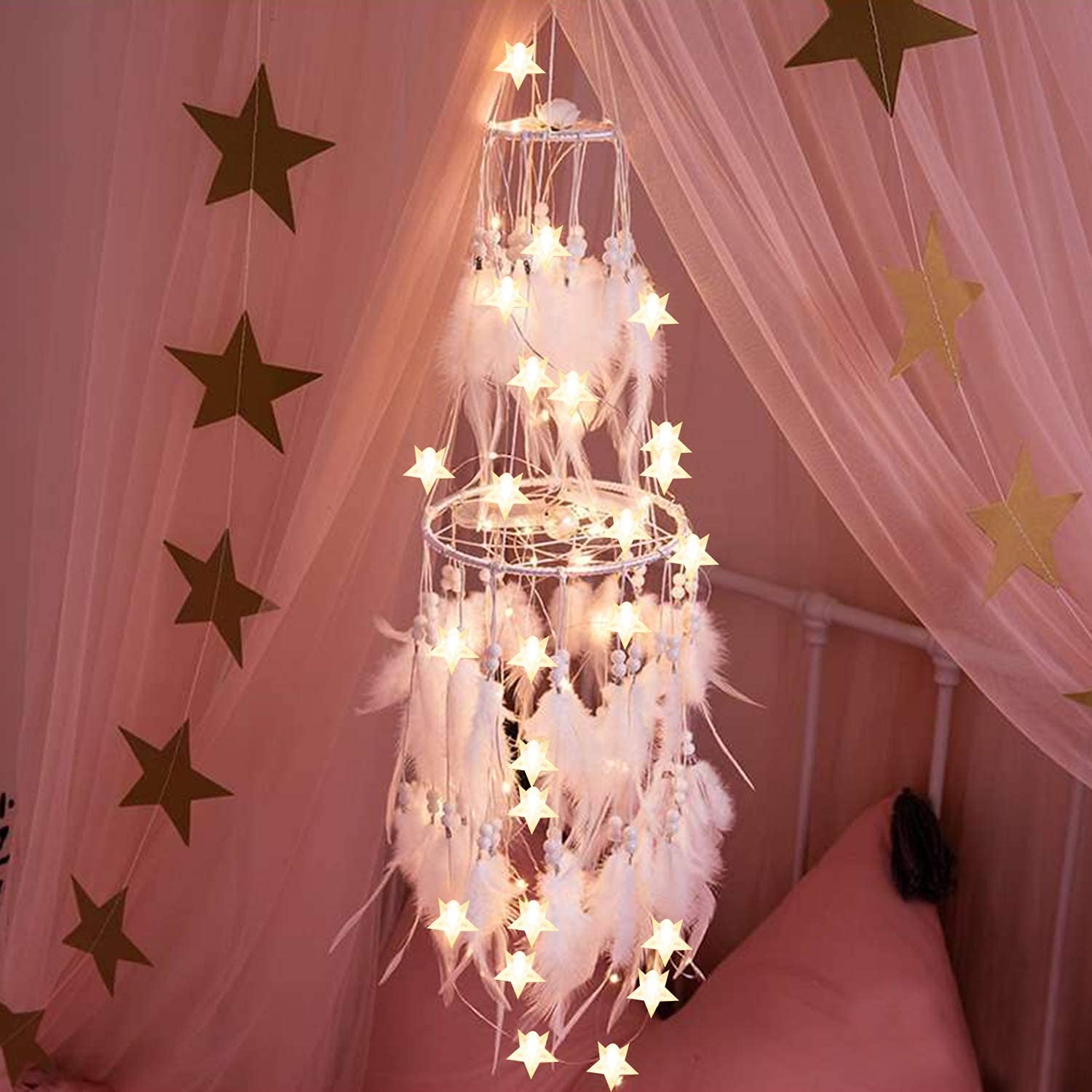 GUIFIER Large Double Circle Boho Feather Dream Catcher with LED Lights - Wall Hanging Decor for Bedroom, Girls Room & Nursery | Mobile Fairy Lights for Boho, Hippie & Home Decoration