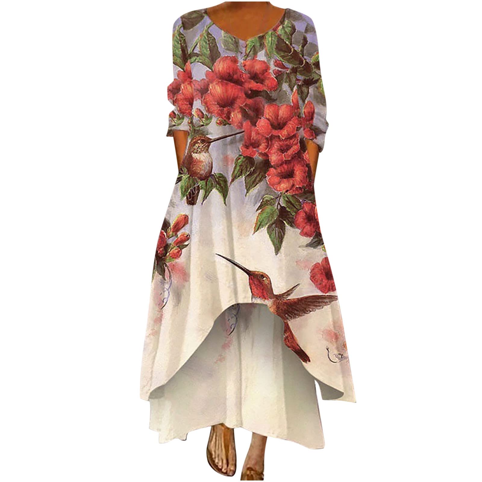 Elegant Floral Print V-Neck Long Sleeve Maxi Dress for Women - Boho Chic Casual Dress with Asymmetrical Hem - Perfect for Date Night, Office Wear & Special Occasions