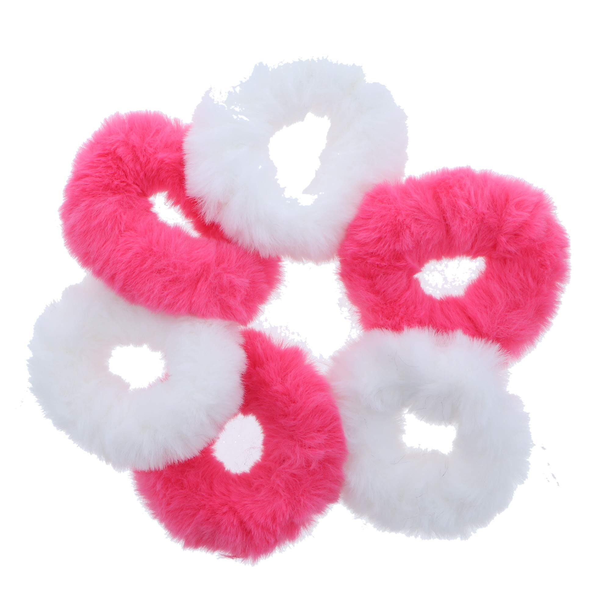 Small Faux Fur Scrunchies Hair Tie Set of 6 - Hot Pink & White - Perfect for School, Work, and Casual Outings