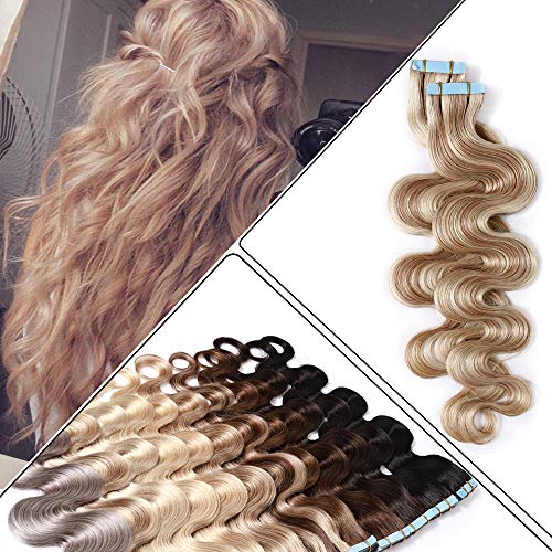 Benehair Remy Tape in Hair Extensions 22 Inch - 100% Human Hair Ash Blonde & Bleach Blonde - Seamless Skin Weft Tape - Wavy Hair 40pcs (#18P613) - Perfect for Parties, Weddings & Daily Styling