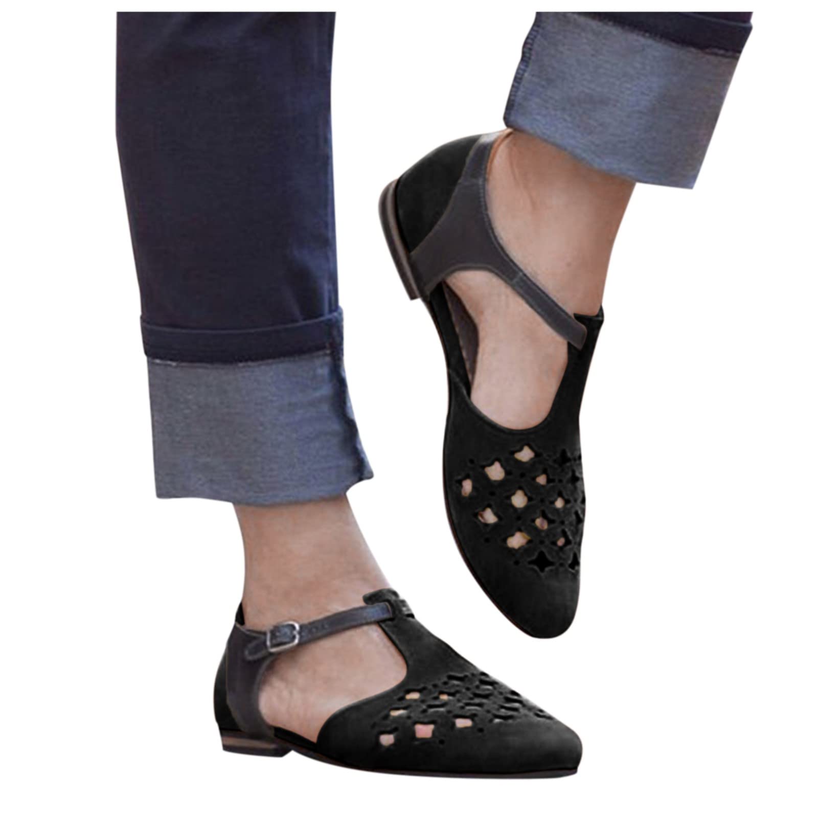 Women's Comfortable Wide Width Dressy Flats - Retro Cutout PU Leather Pointed Toe Ankle Strap Casual Shoes | Breathable & Supportive for Plantar Fasciitis | Perfect for Beach, Office & Everyday Wear