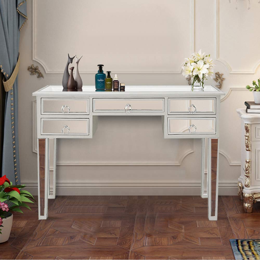 Modern Mirrored Console Table with 5 Drawers - Contemporary Vanity Makeup Dressing Desk | Entryway Sofa Side Table for Living Room, Bedroom & Hallway | Perfect for Makeup Organization, Home Decor & Small Space Storage