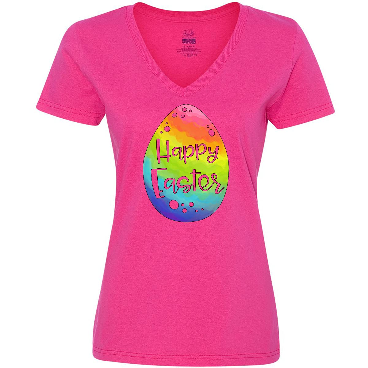 Inktastic Happy Easter Rainbow Easter Egg Women's V-Neck T-Shirt - Cute Spring Tee for Easter Celebrations, Church, Egg Hunts & Family Gatherings