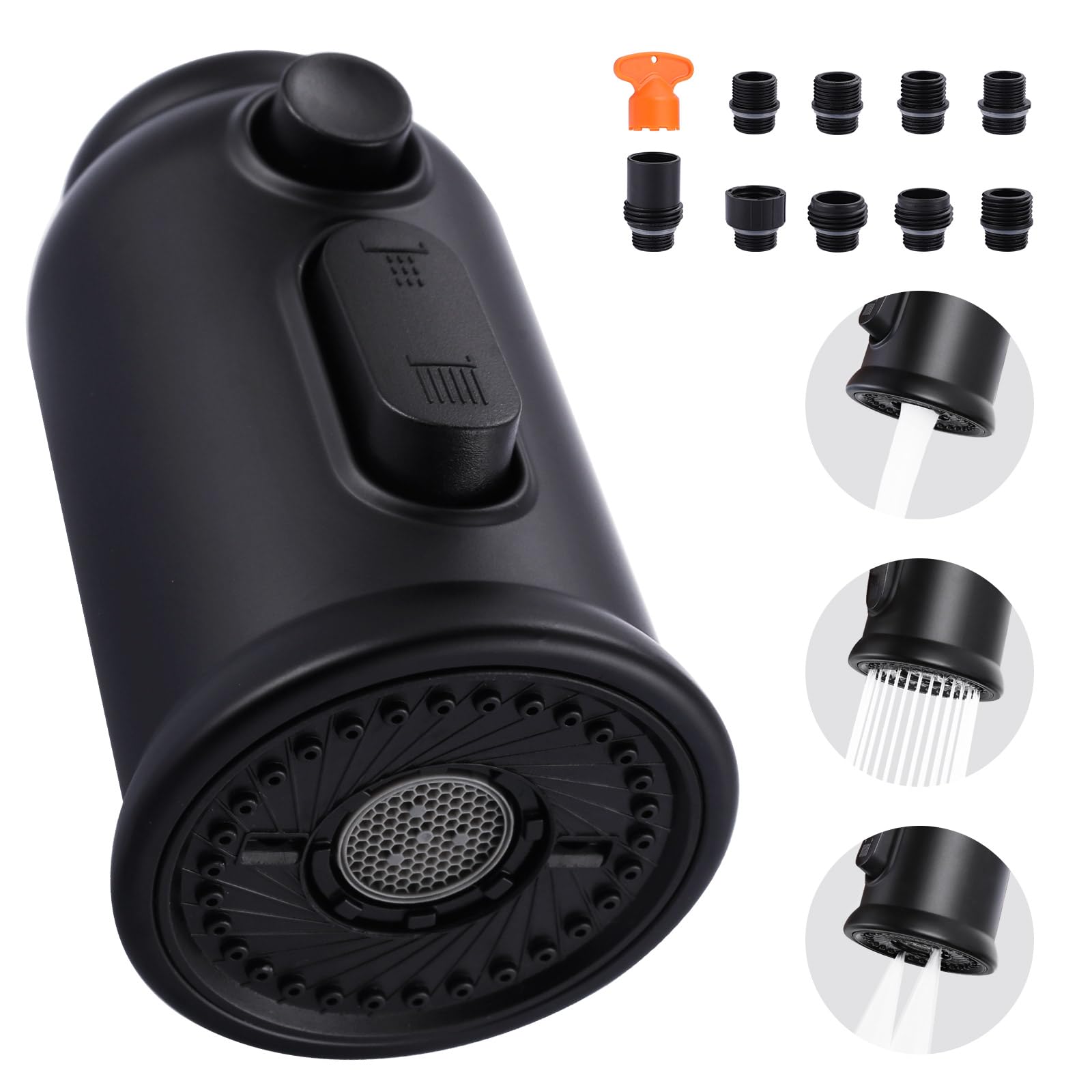 3-Function Pull Down Kitchen Faucet Spray Head Replacement with 9 Adapters - Matte Black Sink Nozzle Compatible with American Standard | Perfect for Dishwashing, Food Prep & Deep Cleaning
