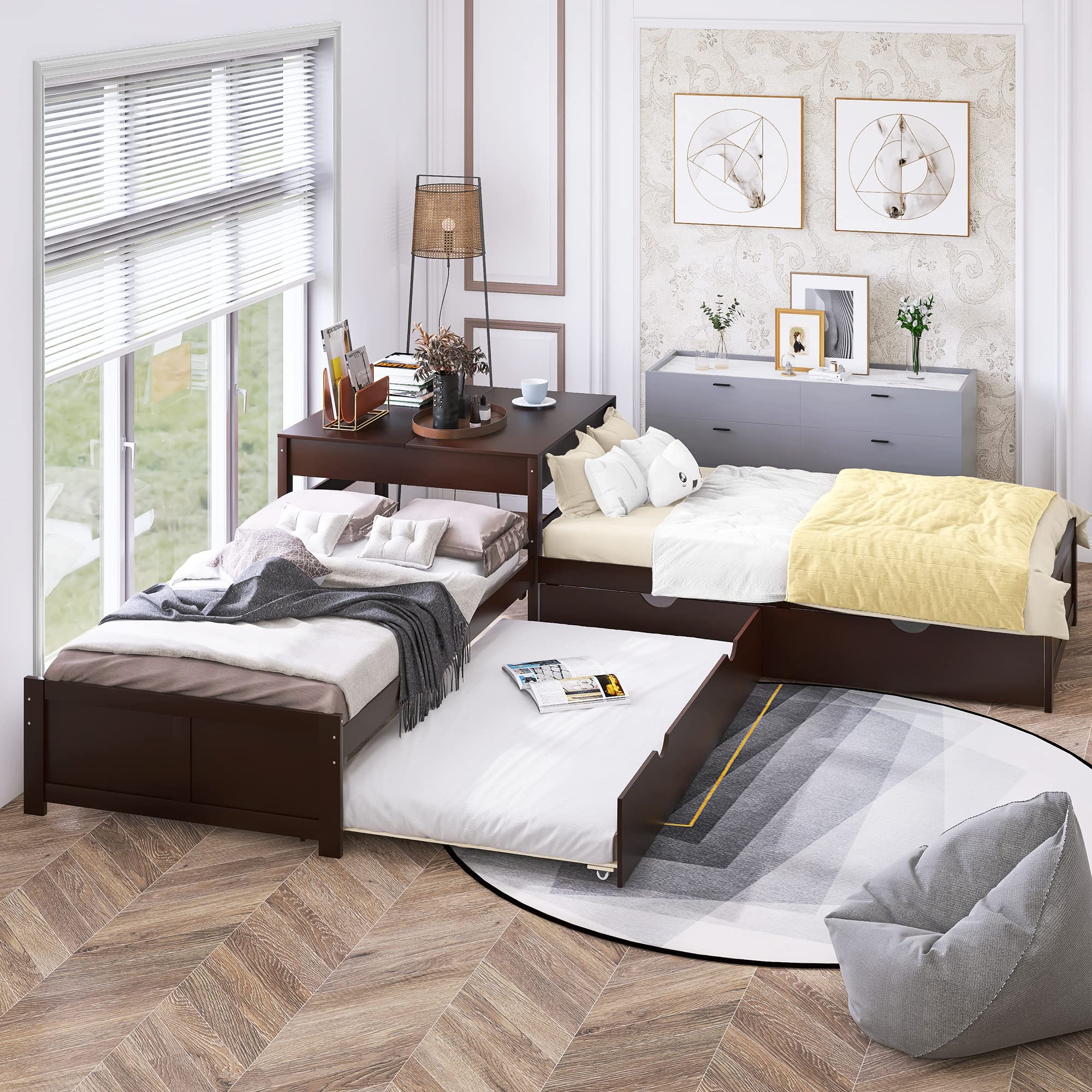 P PURLOVE L-Shaped Platform Bed with 2 Trundles - Convertible 4 Twin Bed Frame for Kids & Teens - Corner Bed with Built-in Square Table - Perfect for Small Bedrooms, Dorm Rooms & Shared Spaces