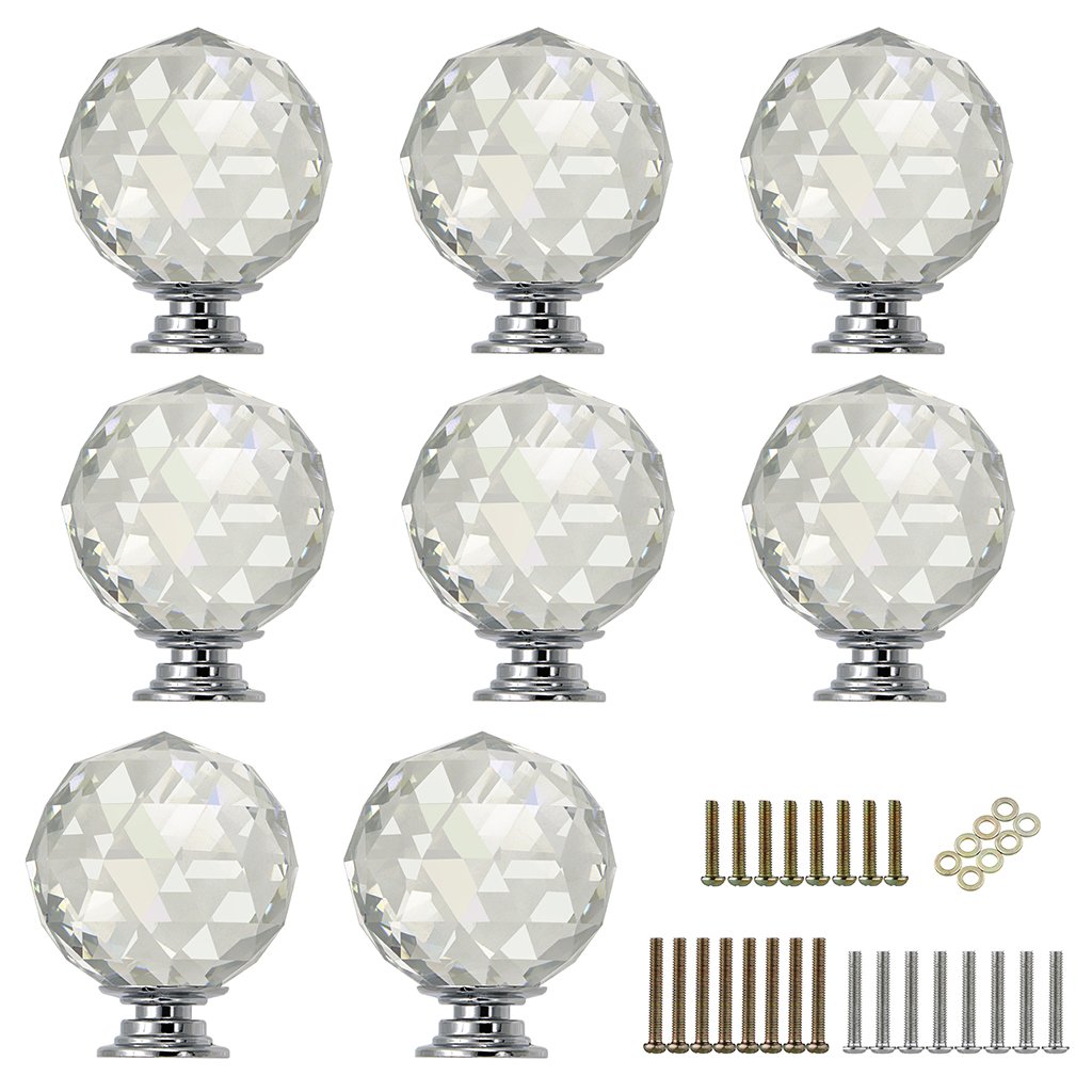 BTSKY® 8-Pack 40mm Round Diamond Clear Crystal Glass Drawer Knobs - Cabinet Pulls & Handles with Screws for Closet, Bathroom, Wardrobe, Dresser & Cupboard - Perfect for Home Organization & Furniture Upgrade