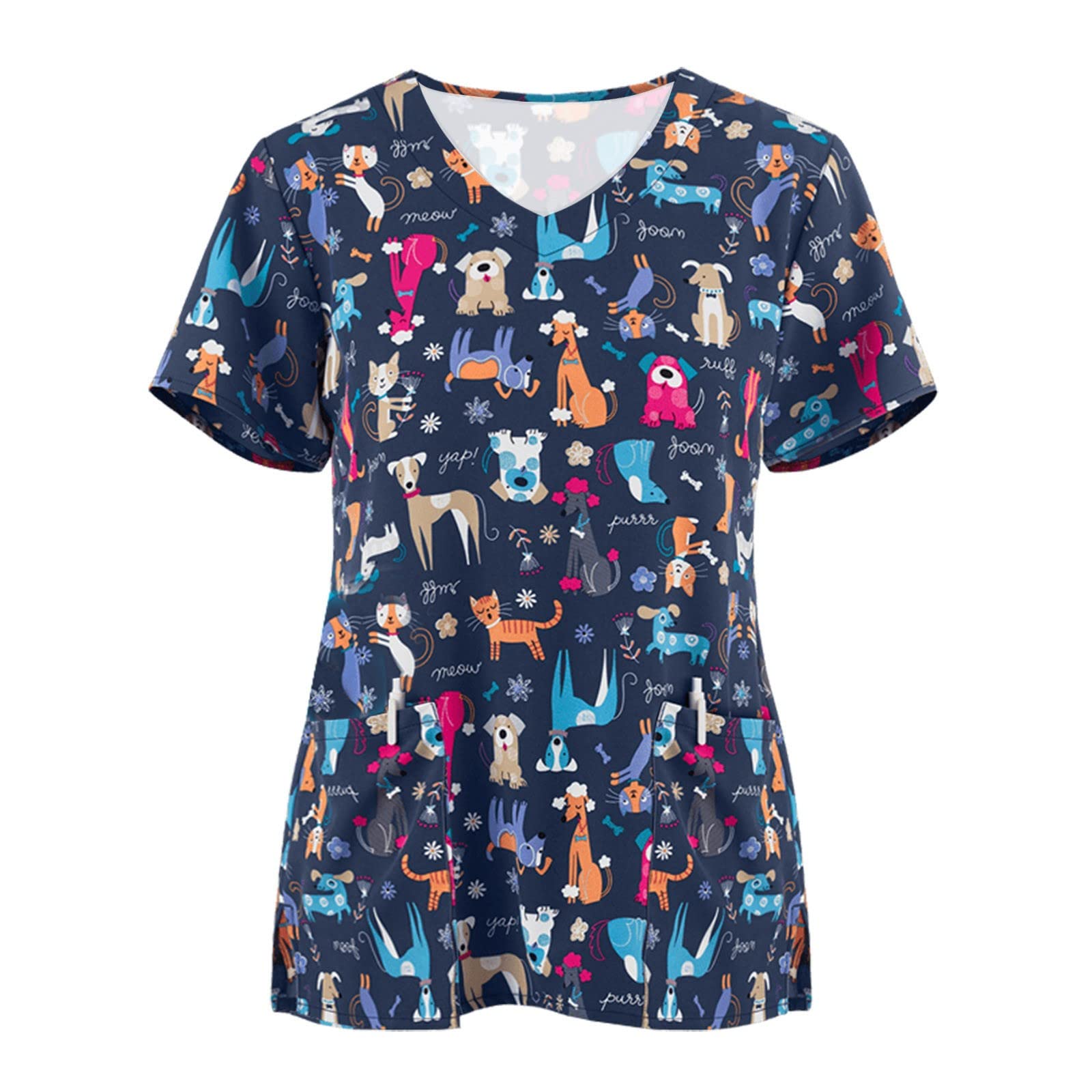 Women's Short Sleeve V-Neck Printed Scrub Tops - Summer Casual Work Uniform Blouses for Nurses & Medical Professionals | Perfect for Hospital Shifts & Healthcare Workwear