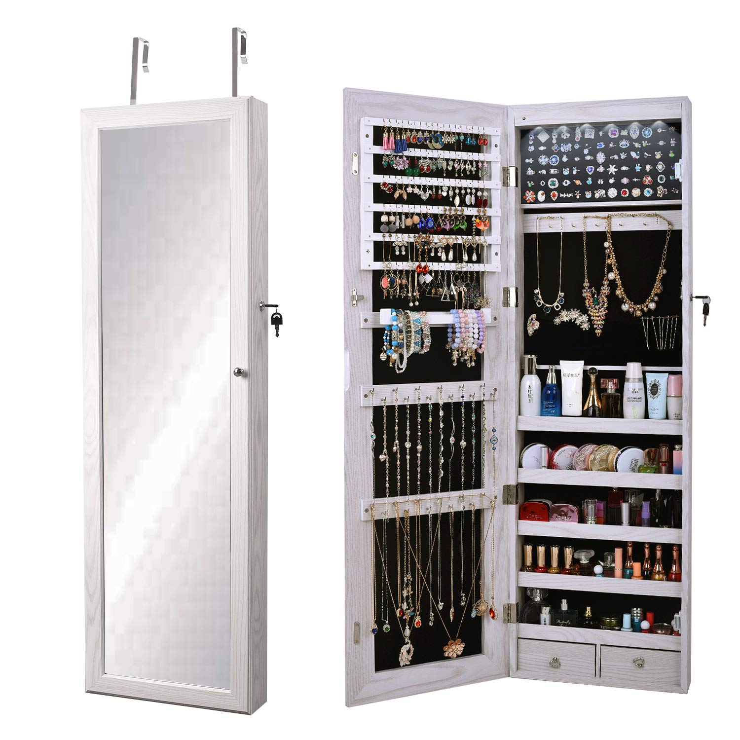 Soges Jewelry Armoire with Full-Length Mirror & LED Lights - Lockable Wall-Mounted Jewelry Cabinet Organizer with 2 Drawers, White - Perfect for Bedroom, Closet & Dressing Room Organization