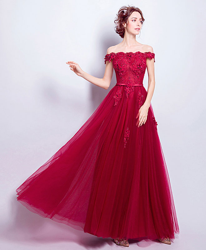 Elegant Burgundy Tulle Lace Applique Long Prom Dress | Burgundy Bridesmaid Gown for Weddings & Formal Events | Perfect for Homecoming, Quinceañera & Evening Parties