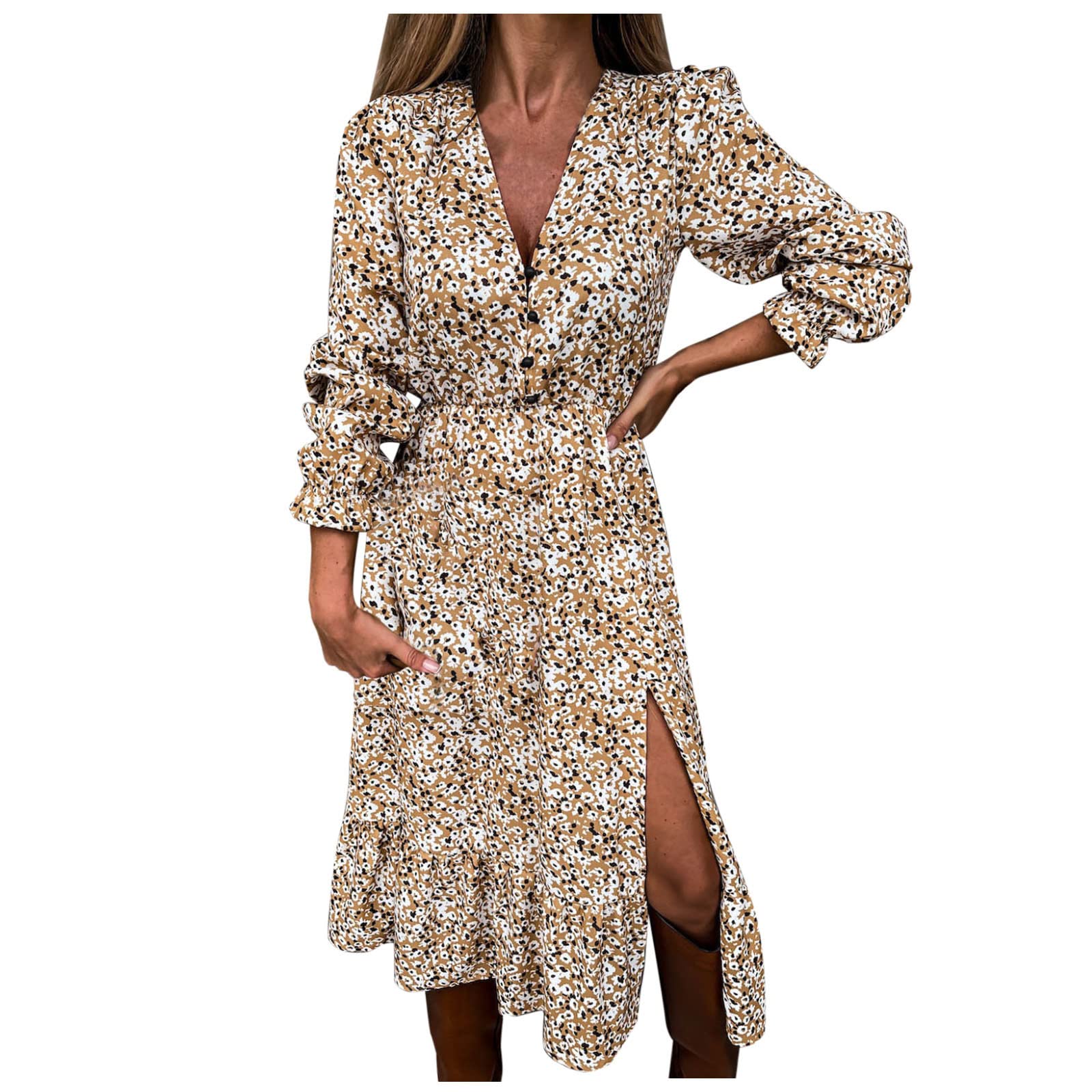 Women's Summer Dresses - Floral Dot Printed Long Sleeve Bandage Dress with Button Detail | Soft & Breathable Casual Beach Dress for Vacation, Date Night & Summer Outings