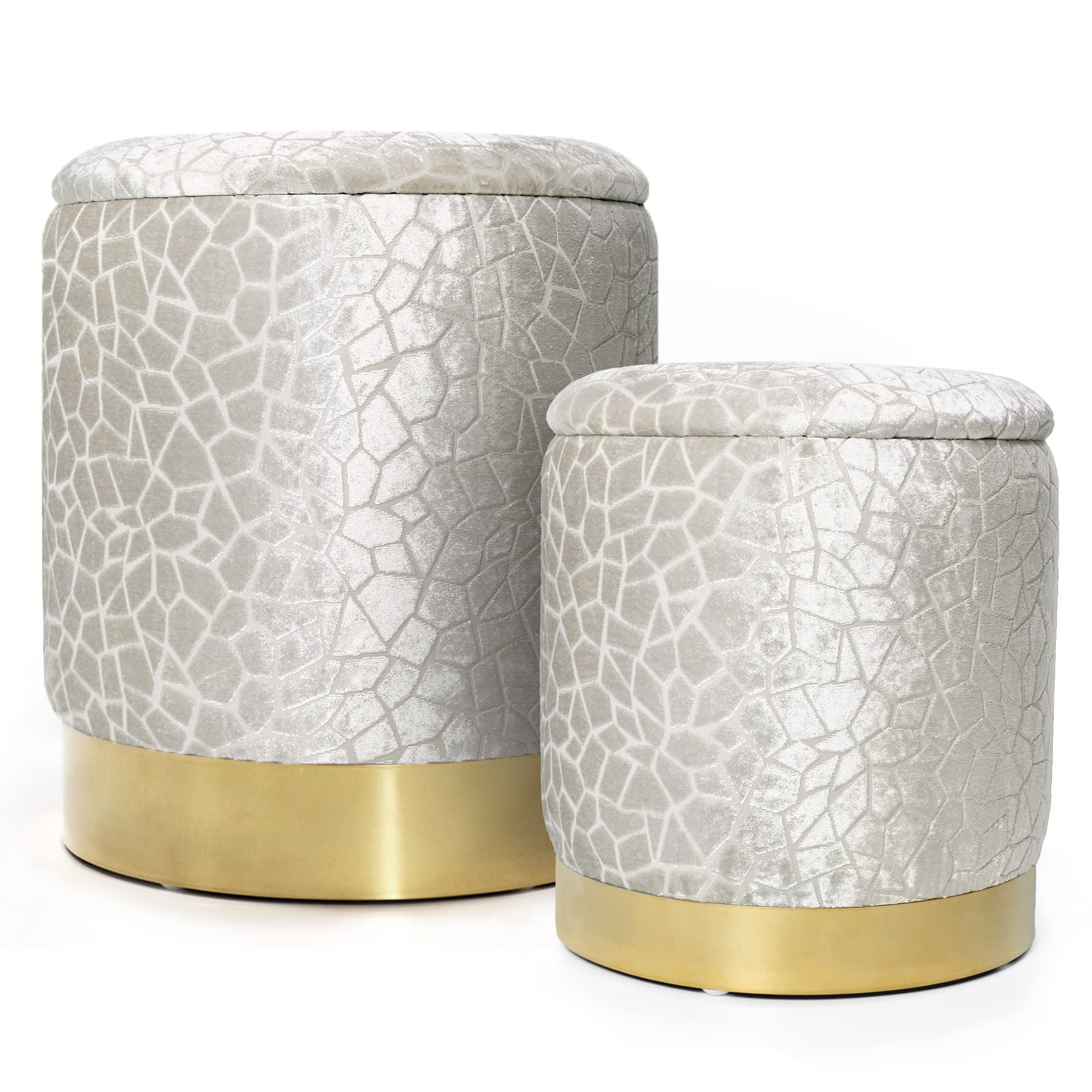 INSPI DECOR Set of 2 Round Storage Ottomans with Gold Accents - Abstract Pattern, Off-White Fabric Ottoman Bench for Living Room, Bedroom & Entryway - Perfect for Extra Seating, Hidden Storage & Home Decor