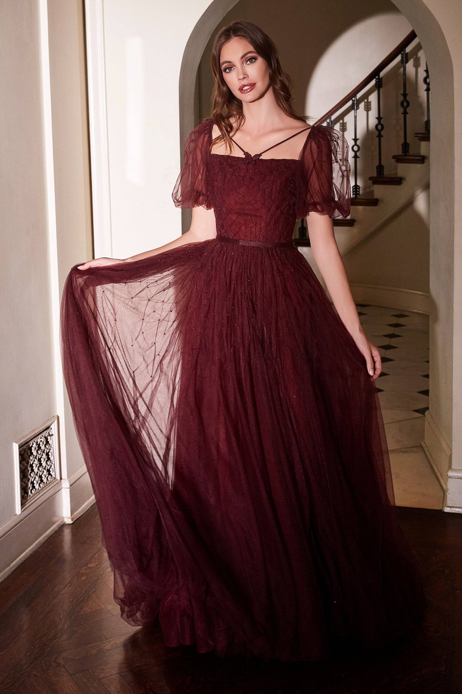 Cinderella Divine B712 Ladivine Burgundy Maroon Puff Sleeve Ball Gown - Elegant Prom Dress for Women, Formal Evening Gown with Princess Silhouette - Perfect for Weddings, Galas, and Special Occasions