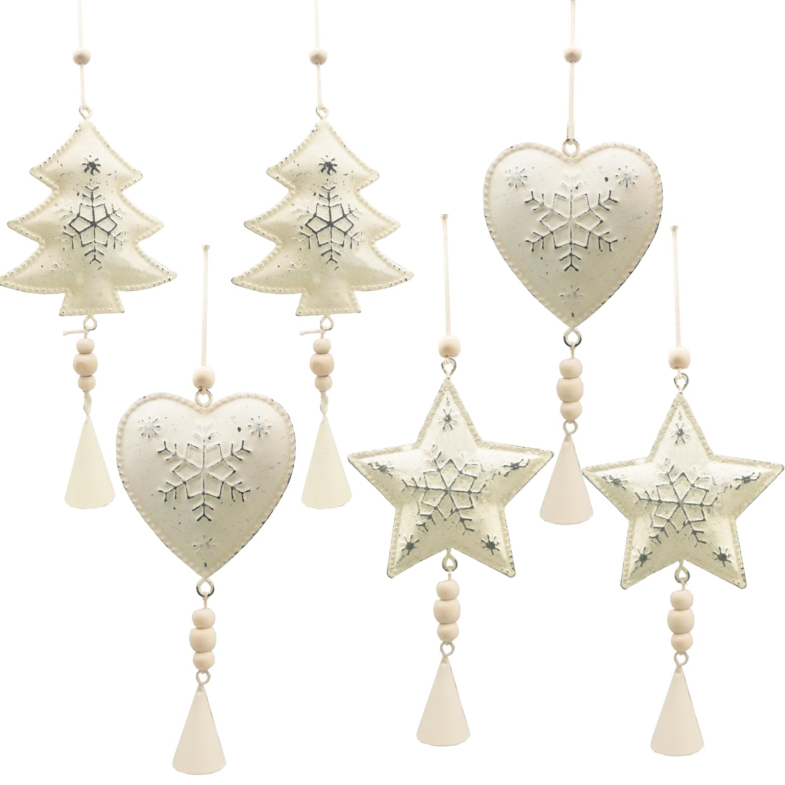 Rustic Farmhouse Christmas Tree Ornaments Set of 6 - Metal White Country Primitive Hanging Decor for Holiday Home, Table & Mantel - Perfect for Xmas Tree, Gift Exchange & Cozy Winter Decorations